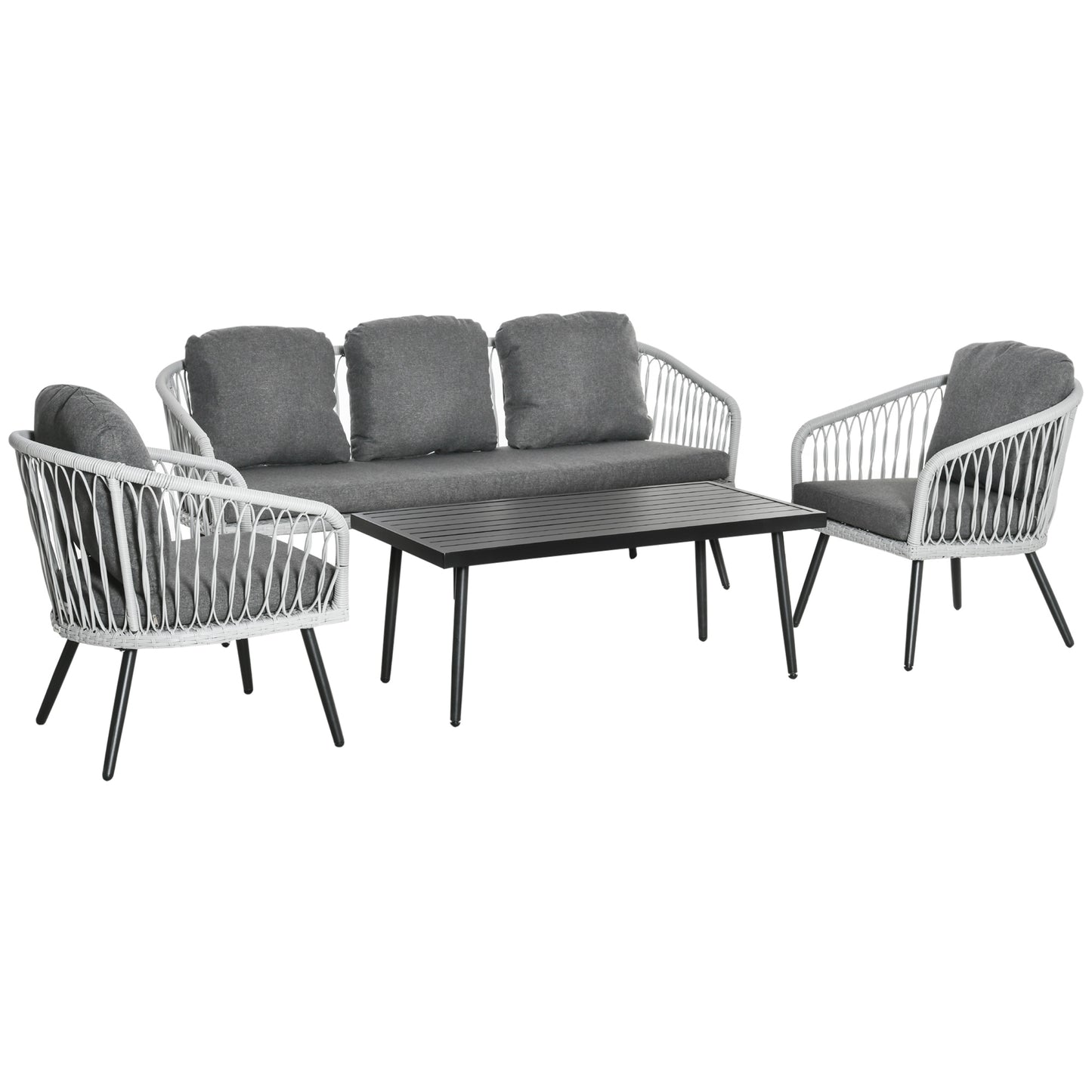 Poly rattan garden furniture set for 5 people, seating group with cushions, aluminium frame, grey, perfect for terraces and balconies