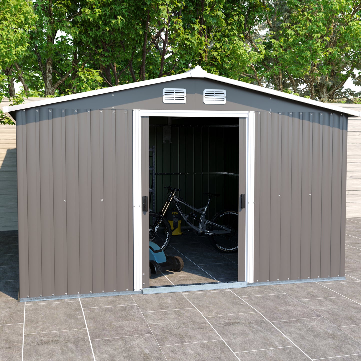 Gray Large Metal Tool Shed with Sloping Roof and Lockable Door, 334x313x202cm for Garden, Terrace, Lawn, and Carport