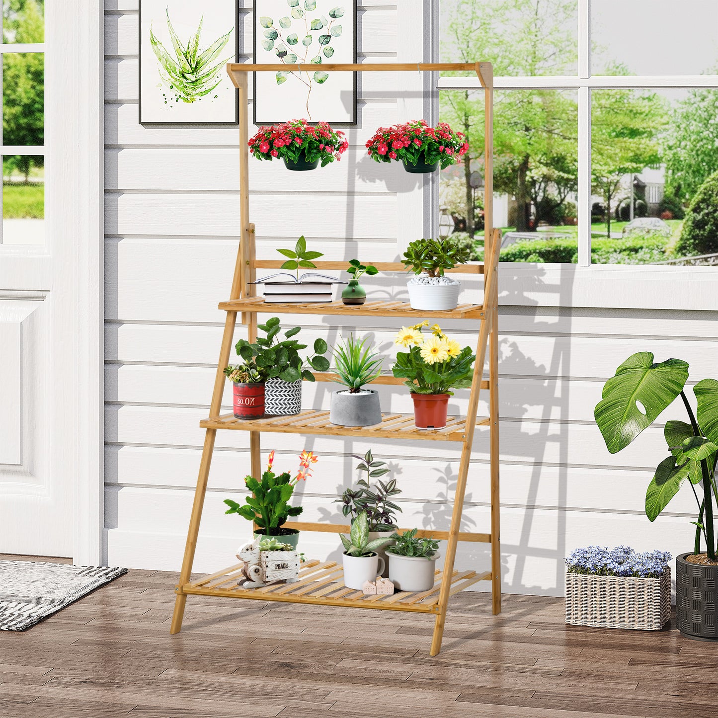 Flower staircase wooden plant stand ladder shelf 70 x 40 x 143 cm with adjustable hanging height for hanging plants Bamboo Natural