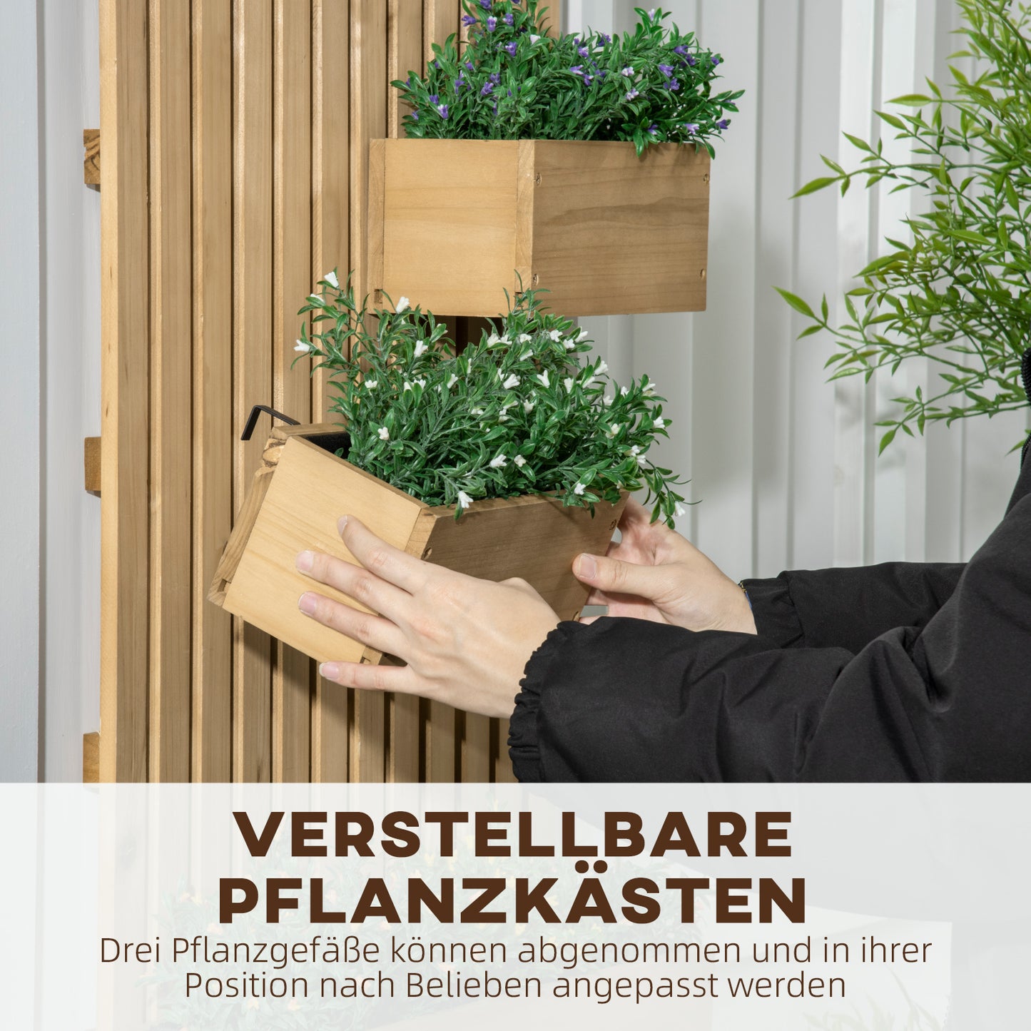 Flower box with trellis, movable raised bed made of solid wood, 60 x 16 x 80 cm, perfect for terraces and balconies, natural color