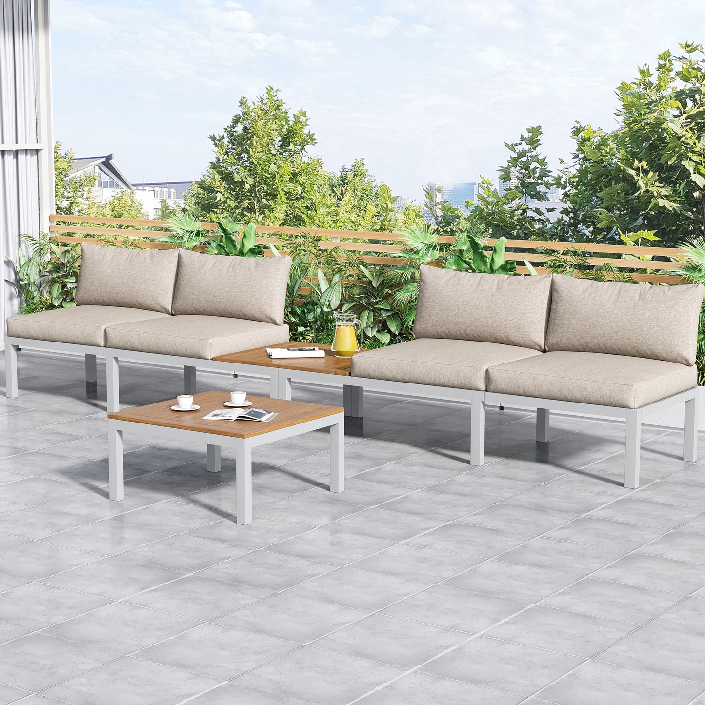 Garden lounge chair set, galvanized steel frame (2 double seats, 2 side tables, 1 table), acacia top, fabric back cover