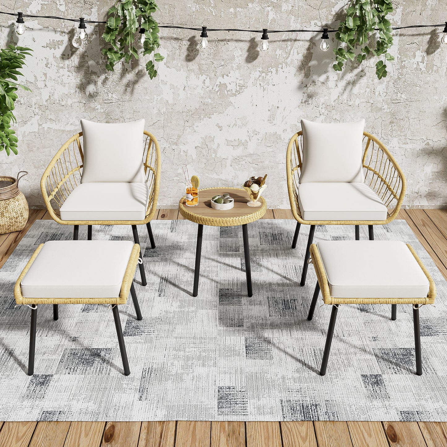 5-piece garden lounge set, including 1 dining table, 2 chairs, 2 stools, furniture, rattan, natural