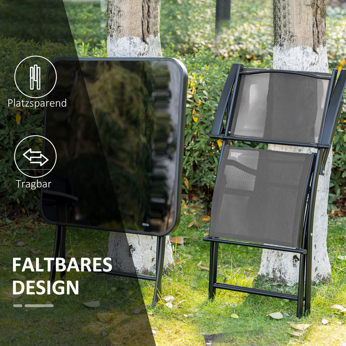 Folding balcony set with table and 2 chairs, made of black and grey metal mesh, suitable for gardens and terraces