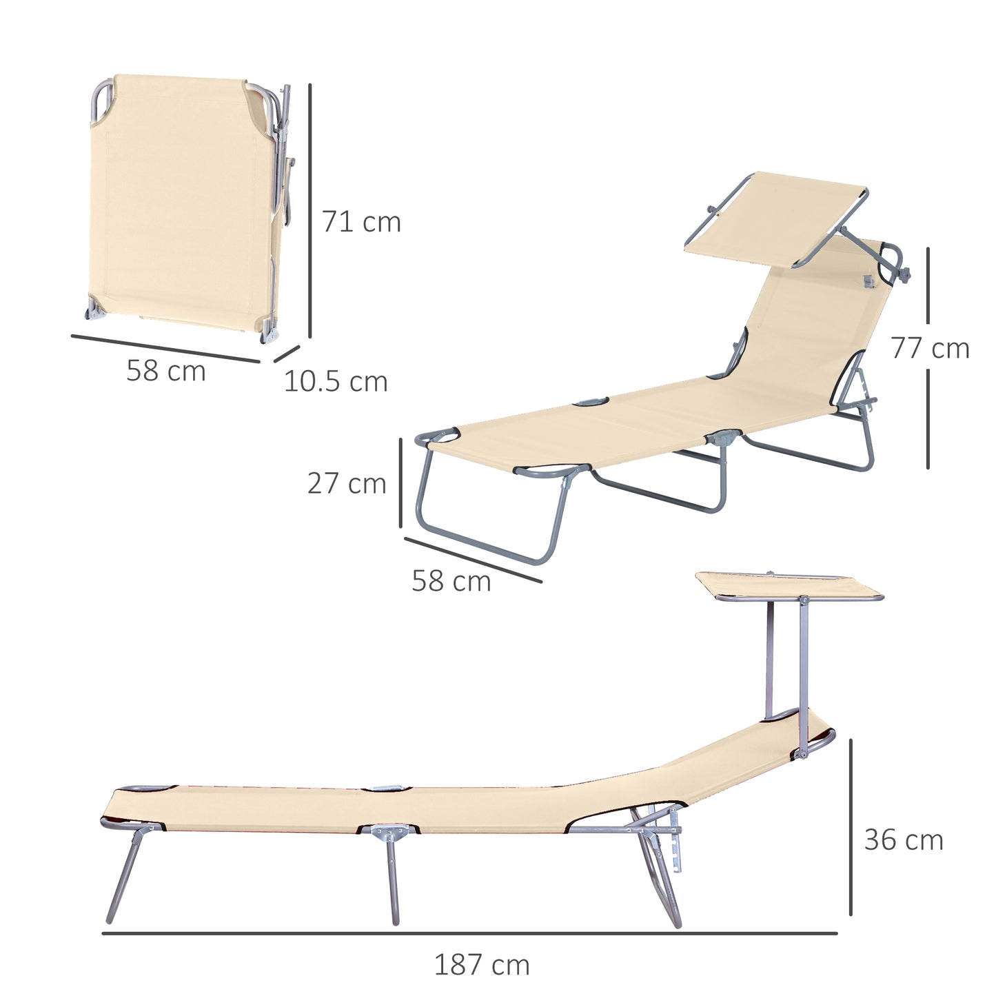 Sun lounger, folding garden lounger with sun protection, wellness lounger, beach lounger, 187 x 58 x 36 cm