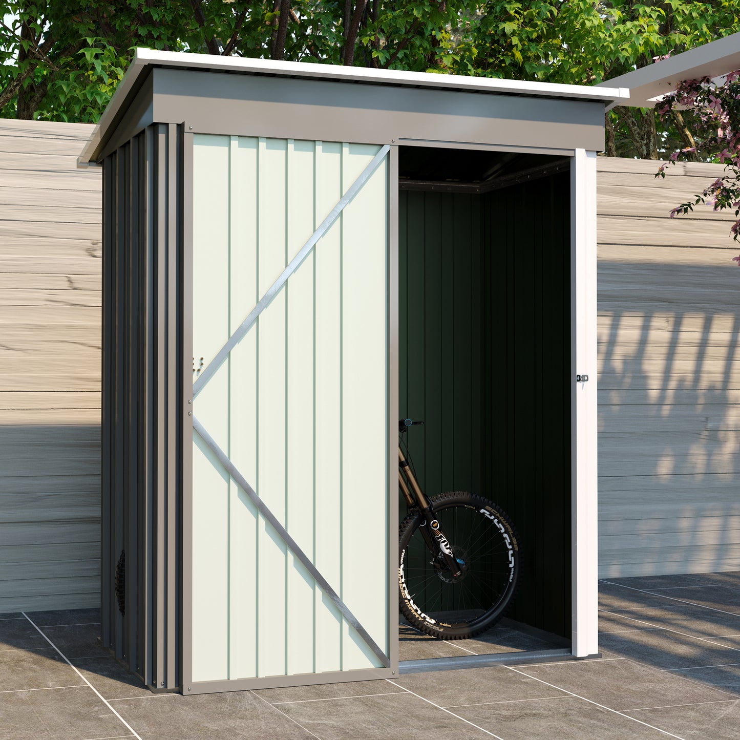 Gray Large Metal Tool Shed with Sloping Roof, Lockable Door, 155x86x180cm for Garden, Terrace & Lawn