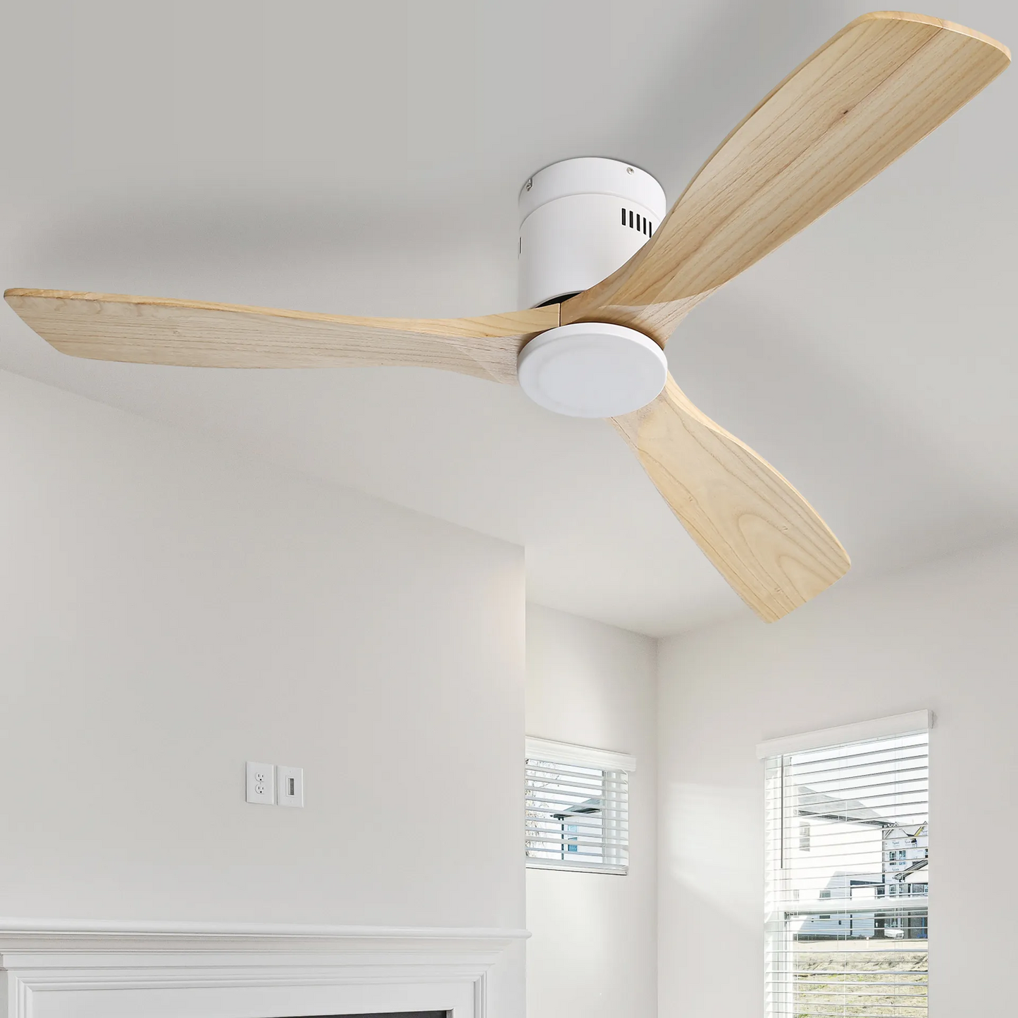 52" Natural Wood Ceiling Fan with 3 Wood Solid Blades, Reversible DC Motor, Remote Control for Living Room