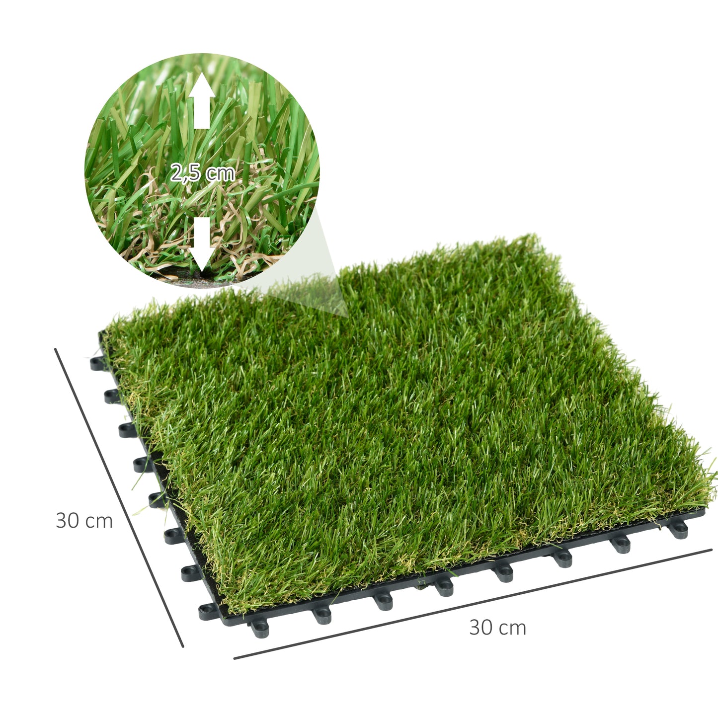 Artificial grass 10 pieces lawn carpet 30 x 30 cm 25 mm dark green for balcony garden, durable & easy to care, artificial lawn made of plastic