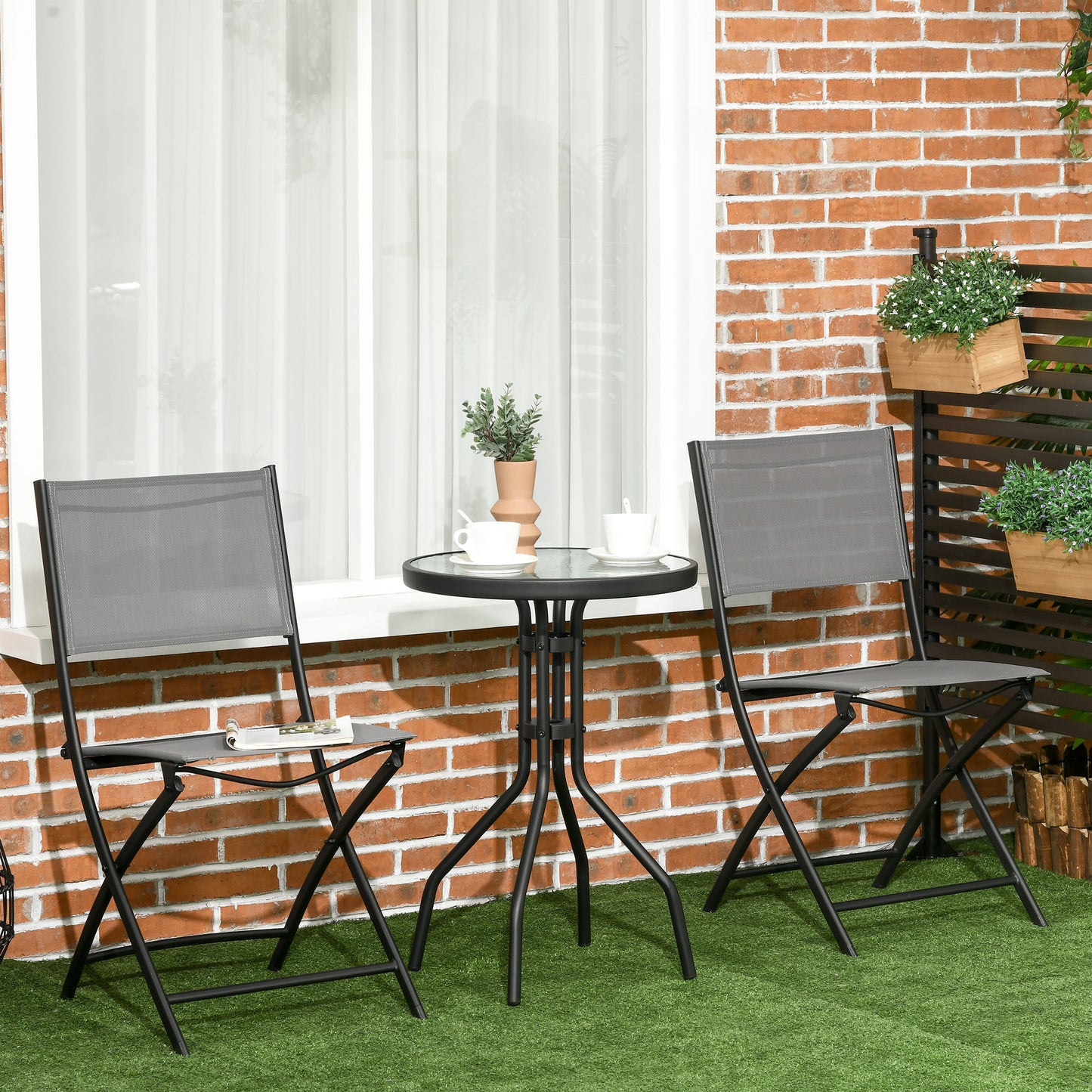 Garden furniture set for 2 people, with 1 table and 2 folding chairs, garden furniture made of grey steel