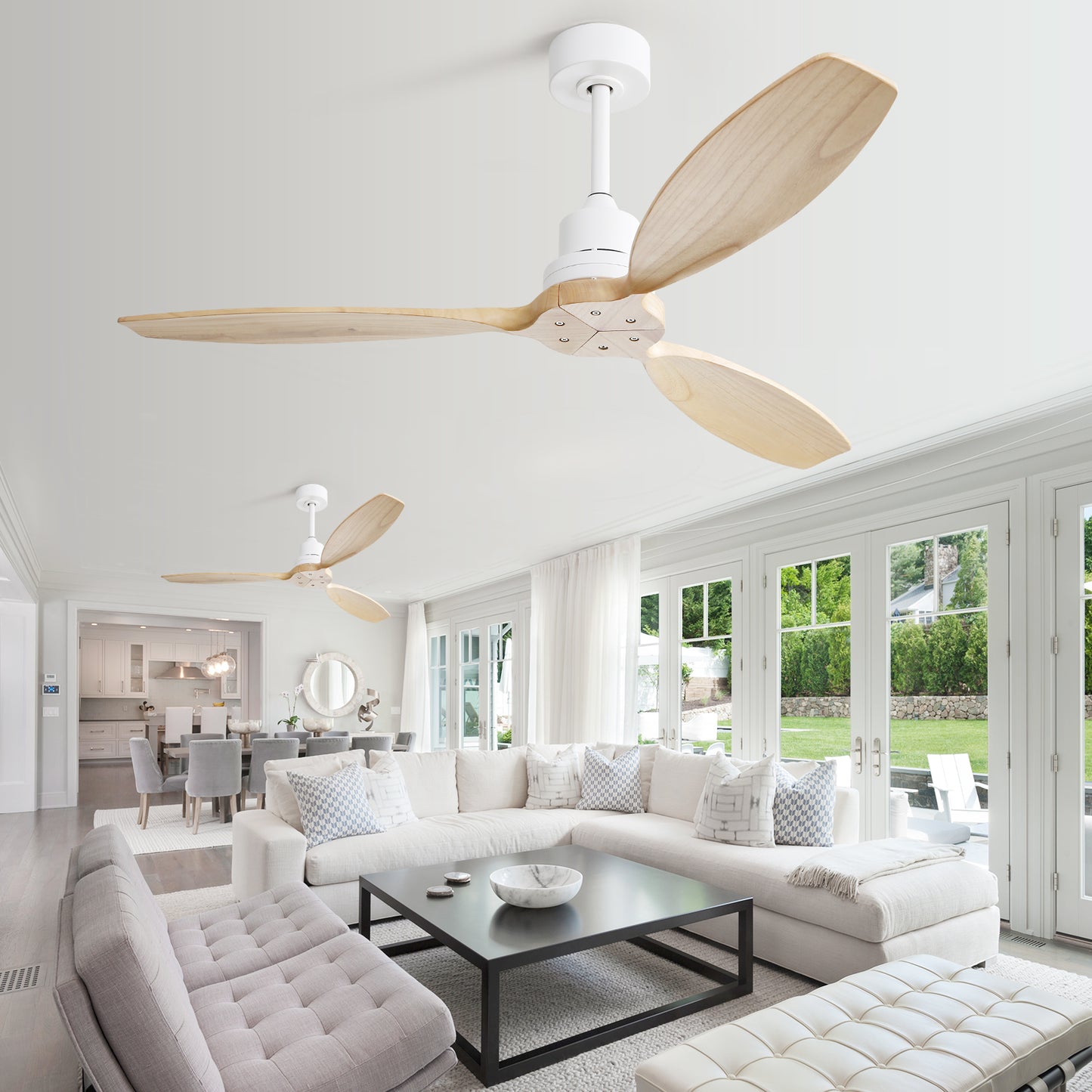 52" Solid Wood Blade Low Profile Ceiling Fan without Light, 6 Speed Remote Control for Patio & Living Room