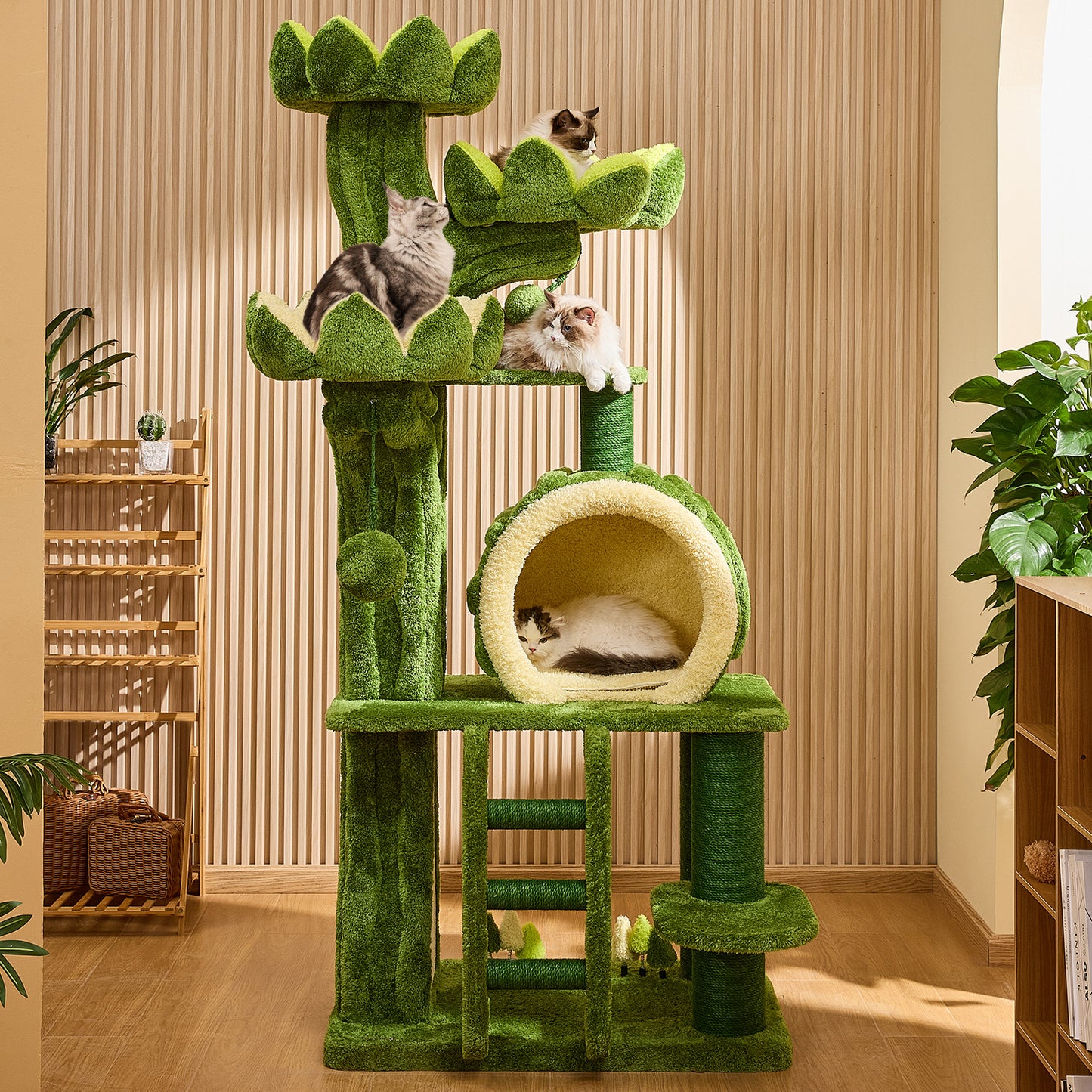 80.3" Deluxe Lotus Cat Tree for Indoor Adult Cats with 2 Hidden Cat Feeding Holes, Ladder, Double-Sided Pad House, 2 Sisal Scratching Posts