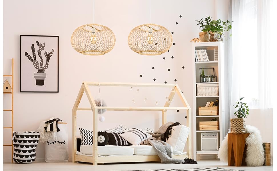 (M)Bamboo Pendant Lighting Globe Shade Boho Rattan Hanging Lights Fixture E27 for Kitchen Island