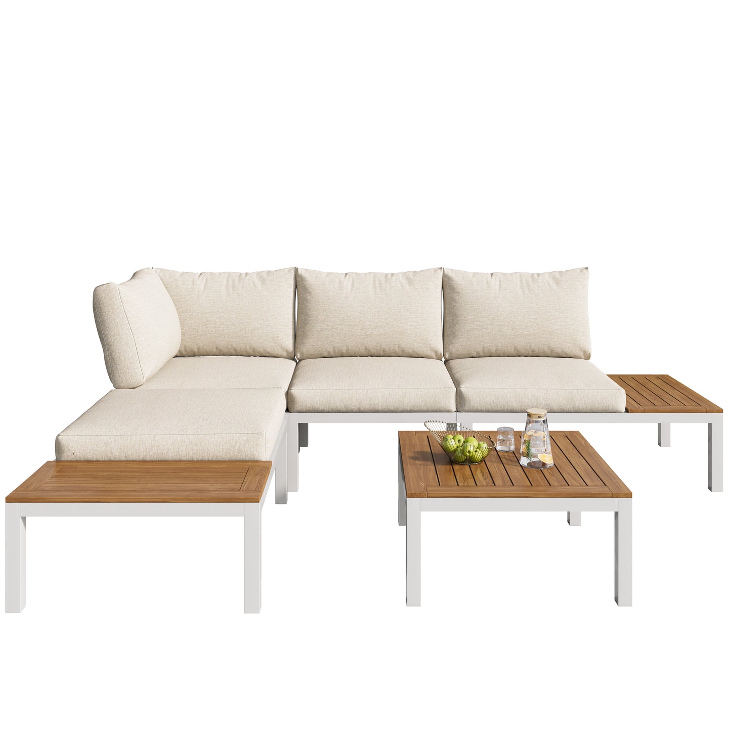 Garden lounge chair set, galvanized steel frame (2 double seats, 2 side tables, 1 table), acacia top, fabric back cover