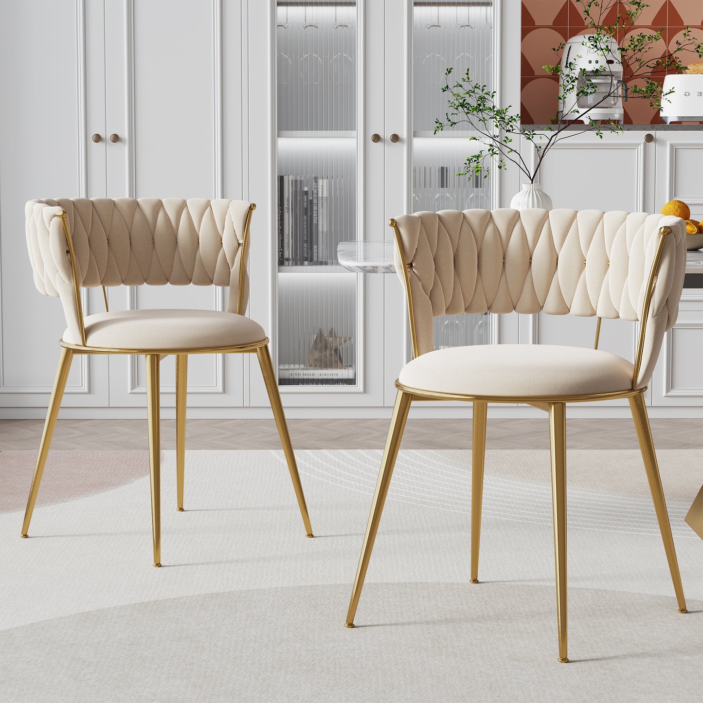 Elegant Ivory Velvet Dining Chairs Set of 2 with Finger-Shaped Backrest & Armrests