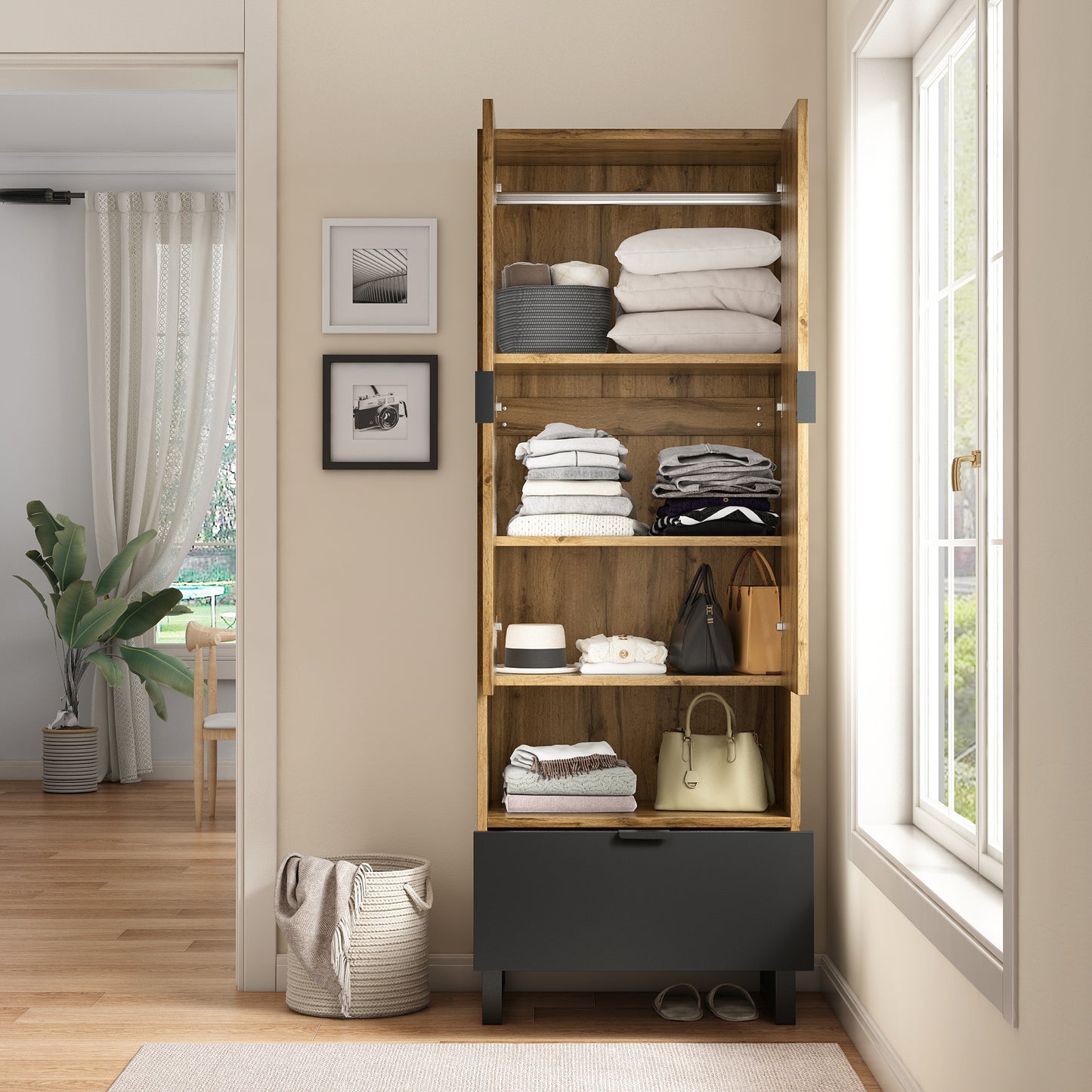 1-Drawer Wardrobe with Adjustable Shelves and Clothes Rail - 1 Compartment, Space-Saving Design