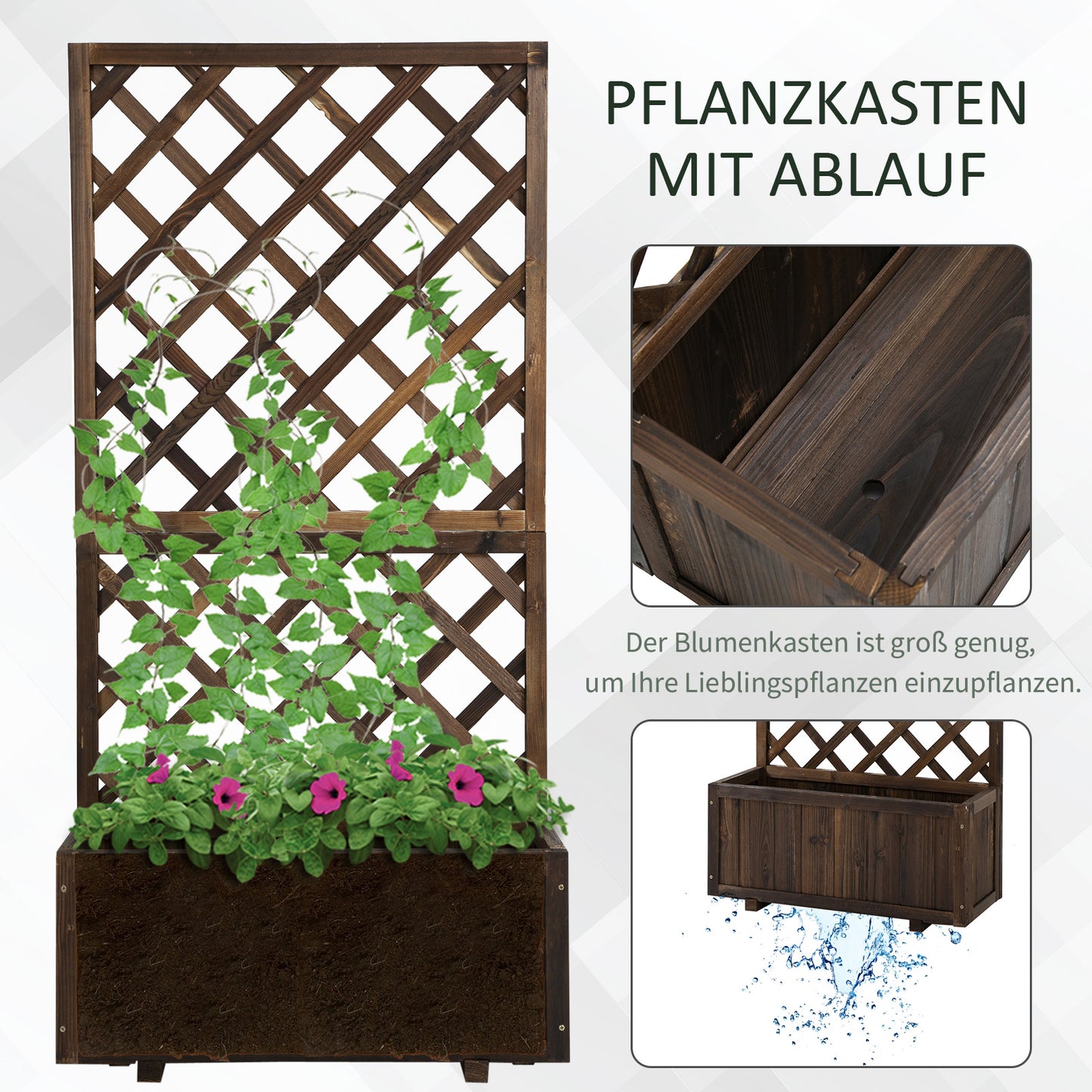 The raised bed comes with a wooden trellis flower box and measures 72.5x31.5x149.5 cm, perfect for climbing plants and roses in the garden