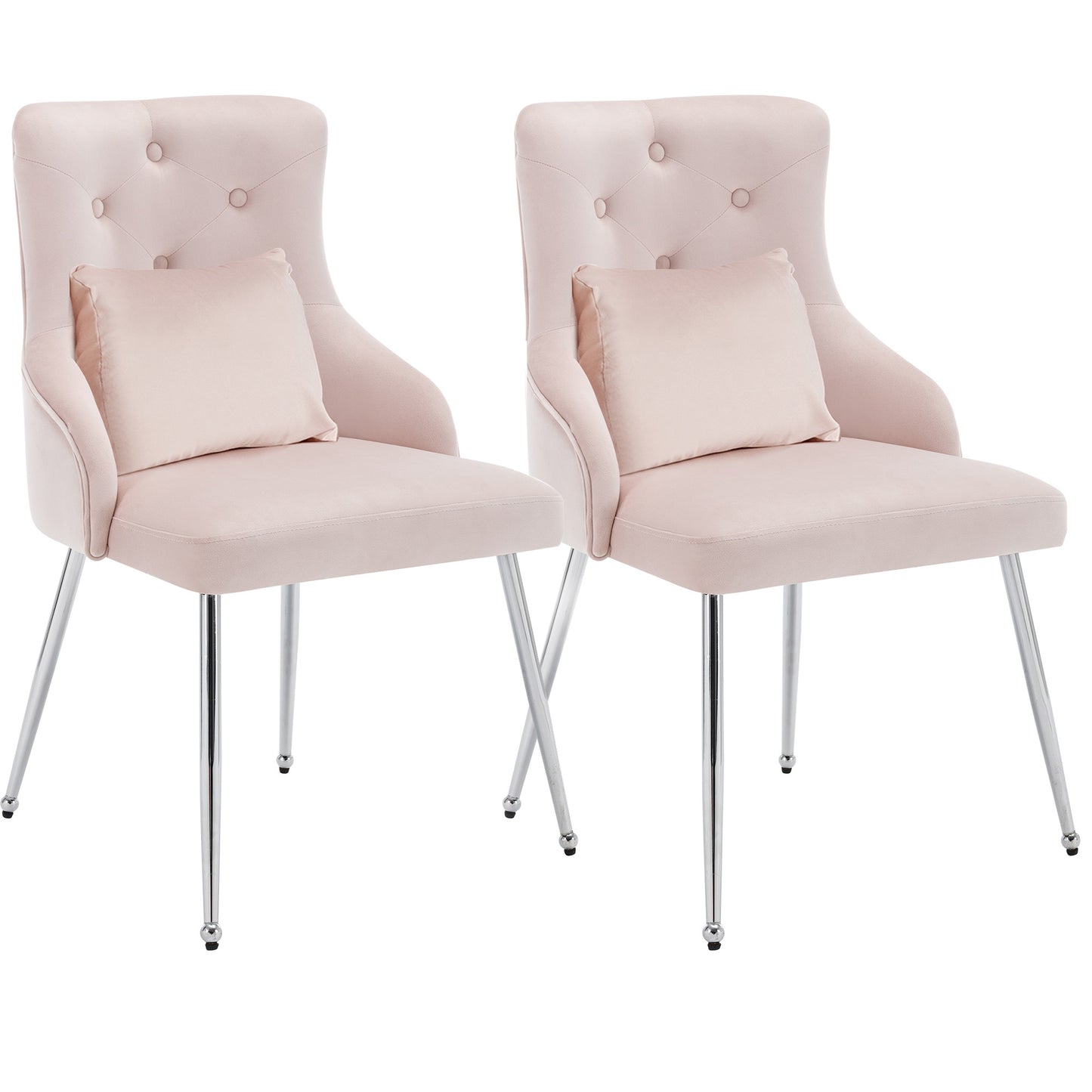 Pink Buttoned Dining Chair with Lumbar Cushion, Modern Metal Leg Armchair for Bedroom & Living Room