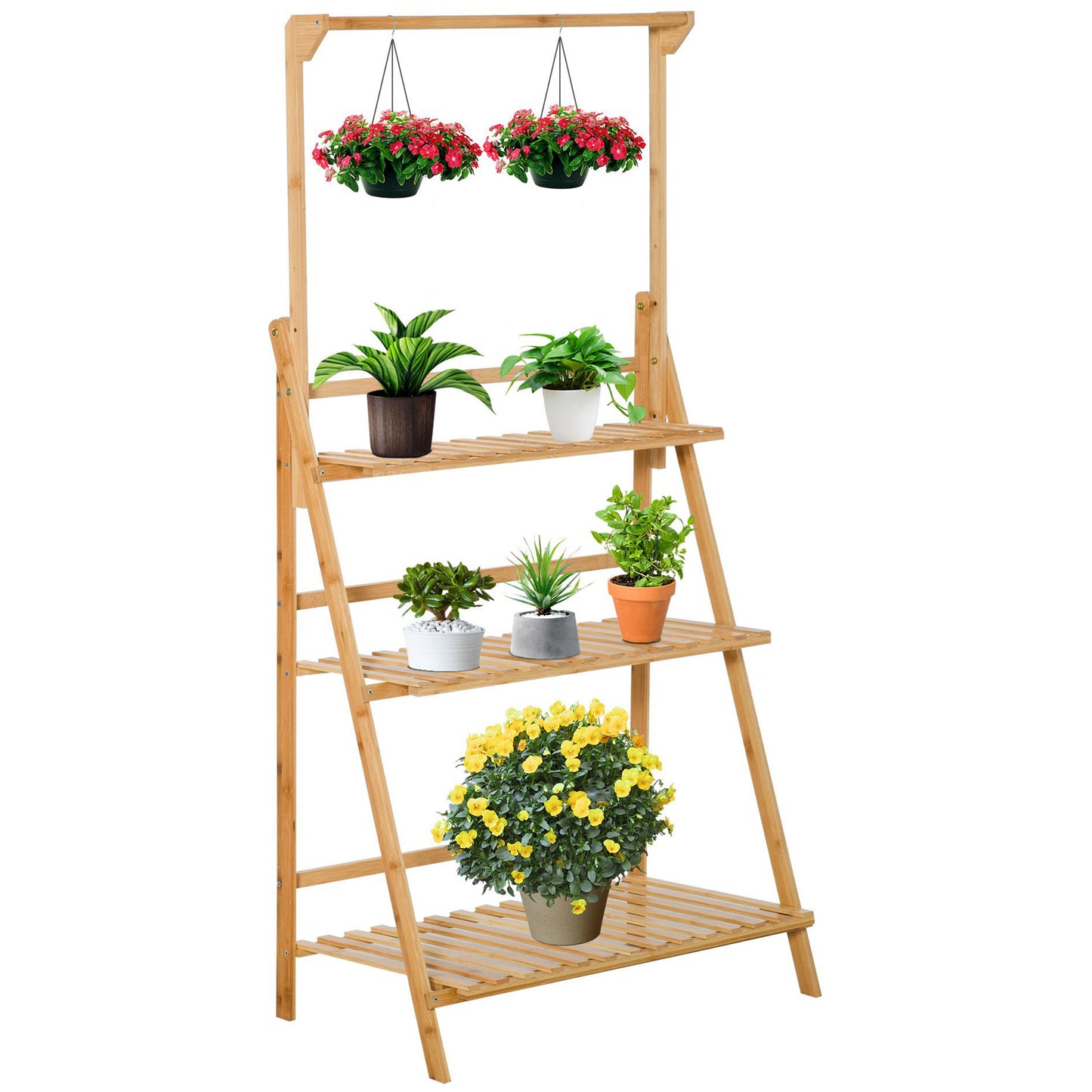 Flower staircase wooden plant stand ladder shelf 70 x 40 x 143 cm with adjustable hanging height for hanging plants Bamboo Natural