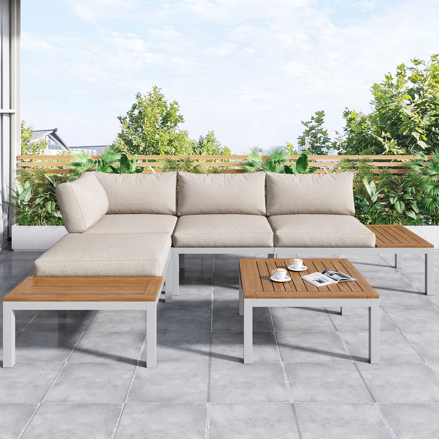Garden lounge chair set, galvanized steel frame (2 double seats, 2 side tables, 1 table), acacia top, fabric back cover