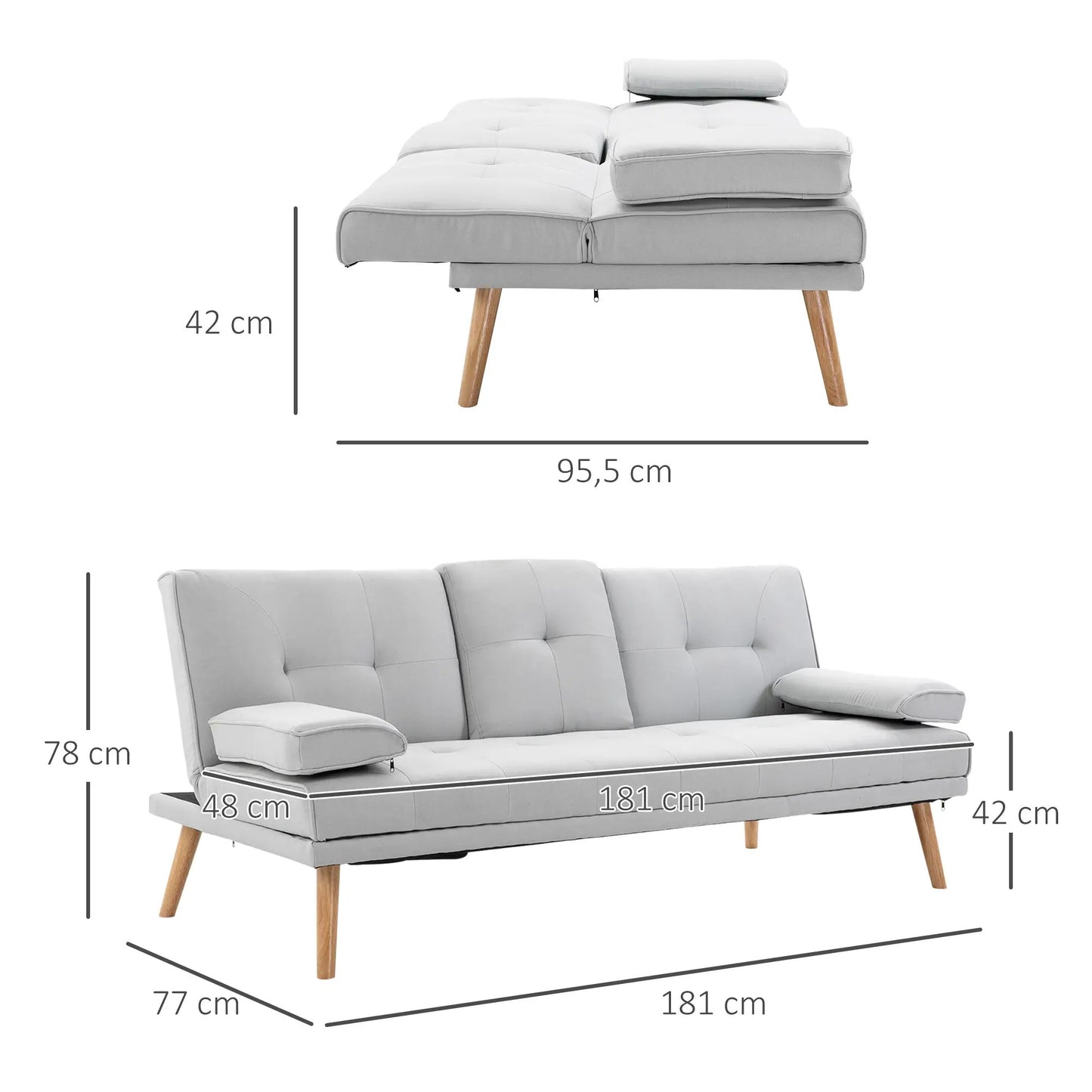 Sofa bed Comfortable sofa bed, 3-seater, sofa bed, linen, light grey, 181x77x72cm