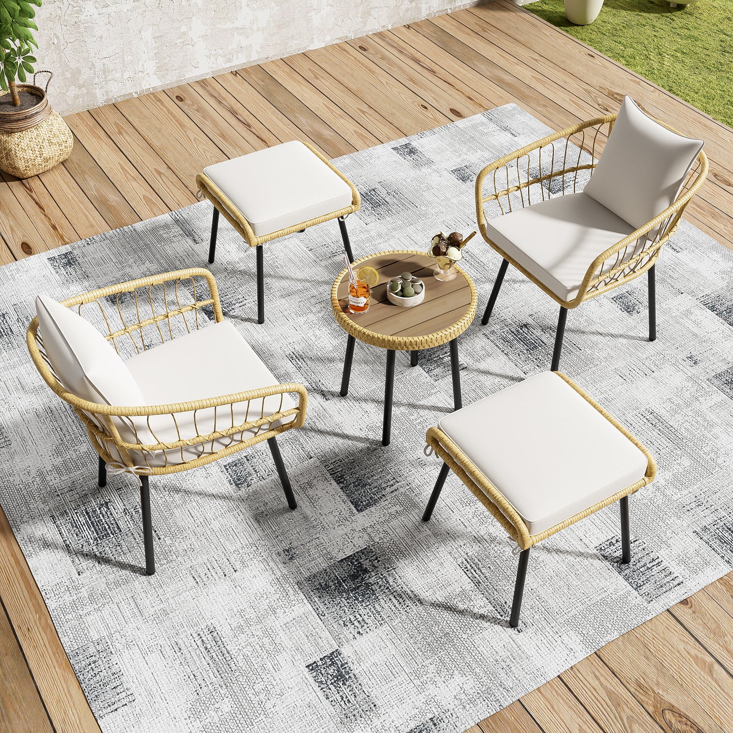 5-piece garden lounge set, including 1 dining table, 2 chairs, 2 stools, furniture, rattan, natural