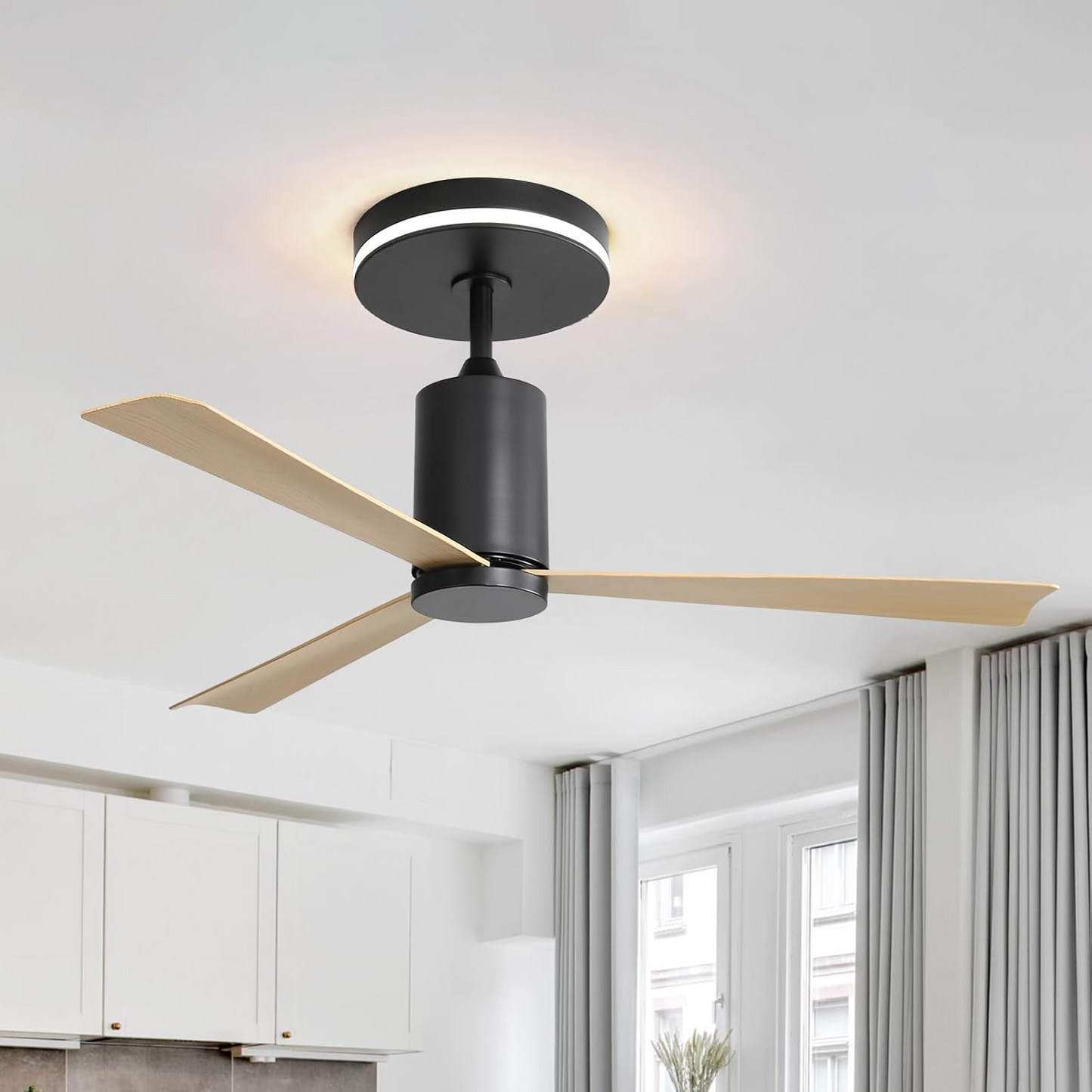 52 Inch Modern Flush Mount Ceiling Fan with LED Light, Remote Control, 3 ABS Blades, Noiseless Reversible DC Motor