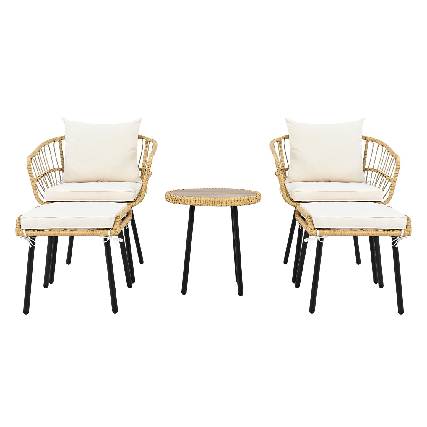 5-piece garden lounge set, including 1 dining table, 2 chairs, 2 stools, furniture, rattan, natural