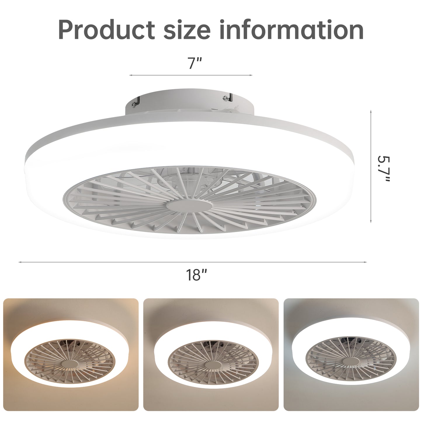 18" Enclosed Bladeless Ceiling Fan with Light & Remote, Modern Low Profile Flush Mount for Bedroom, Kitchen, Dining Room