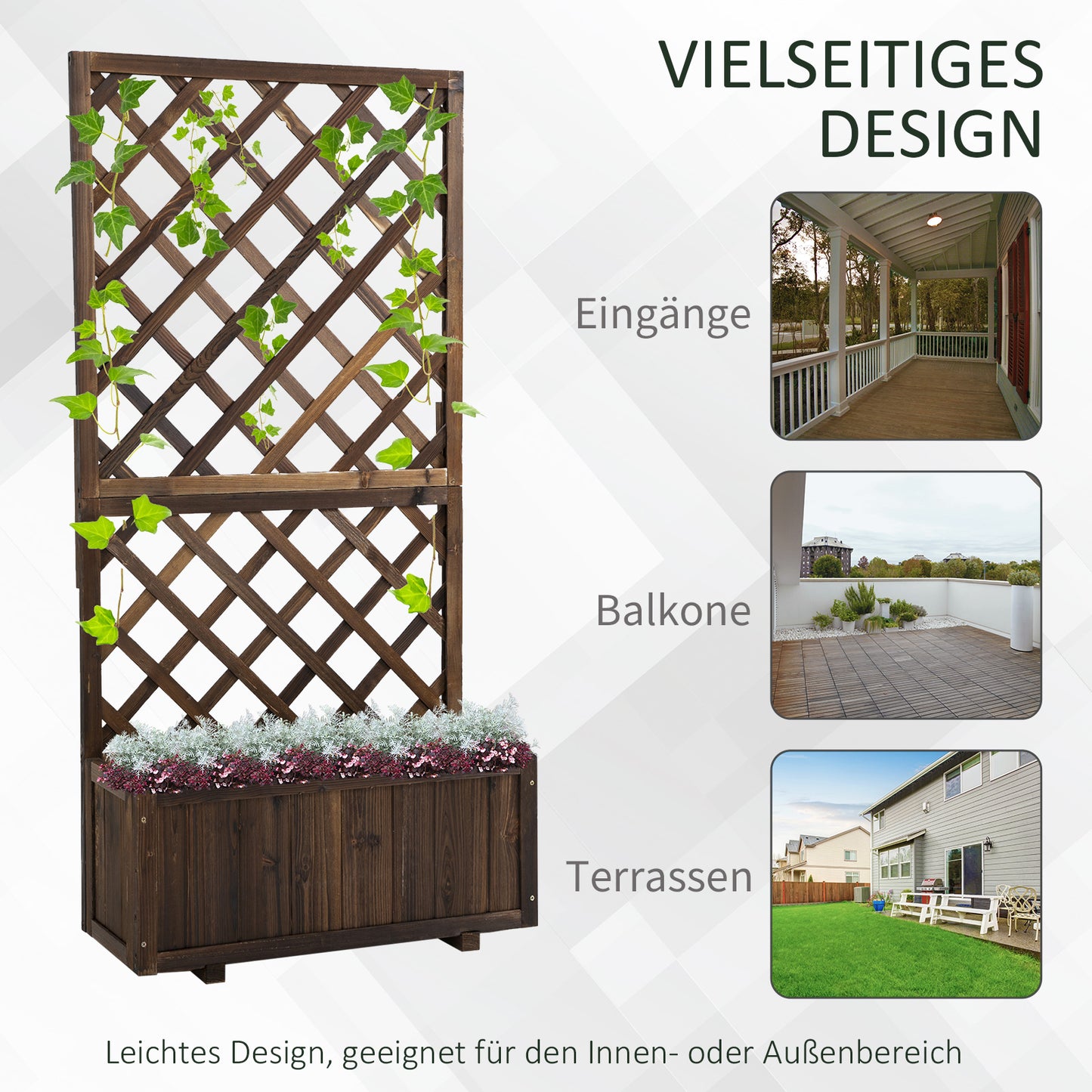 The raised bed comes with a wooden trellis flower box and measures 72.5x31.5x149.5 cm, perfect for climbing plants and roses in the garden