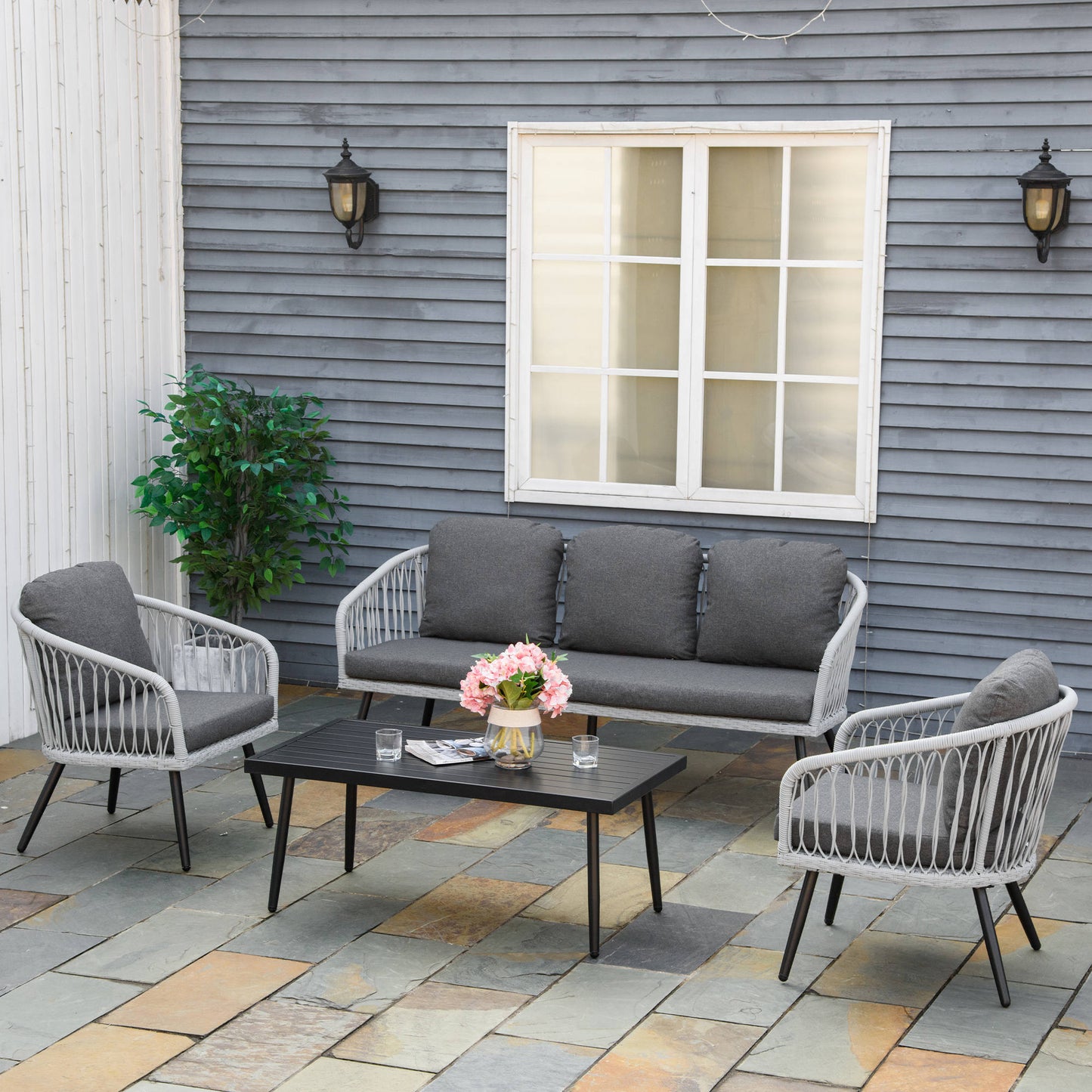 Poly rattan garden furniture set for 5 people, seating group with cushions, aluminium frame, grey, perfect for terraces and balconies