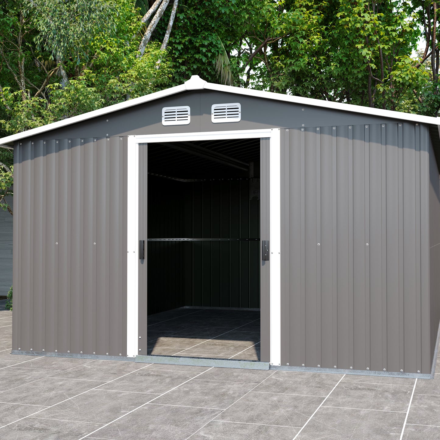 Gray Large Metal Tool Shed with Sloping Roof and Lockable Door, 334x313x202cm for Garden, Terrace, Lawn, and Carport