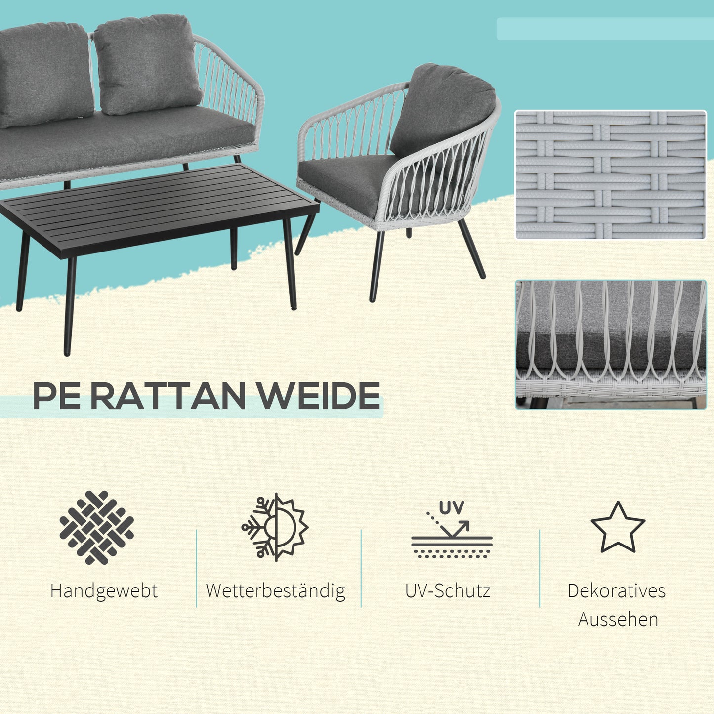 Poly rattan garden furniture set for 5 people, seating group with cushions, aluminium frame, grey, perfect for terraces and balconies