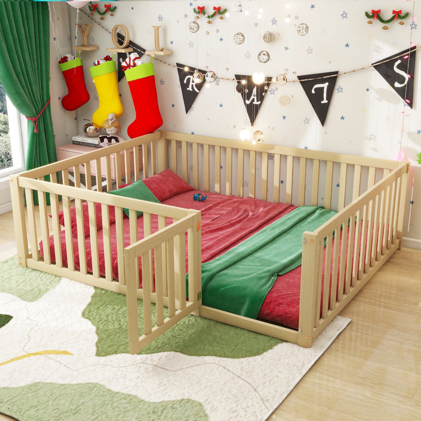 Wooden Floor Bed Frame for Children - 140 x 200 cm with Fence and Door