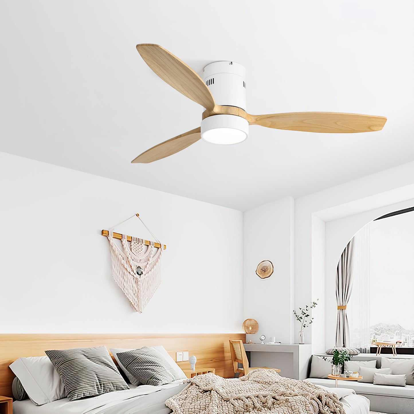 52" Flush Mount Ceiling Fan with DC Motor, 3 Solid Wood Blades, Noiseless Reversible Motor, Remote Control & Light