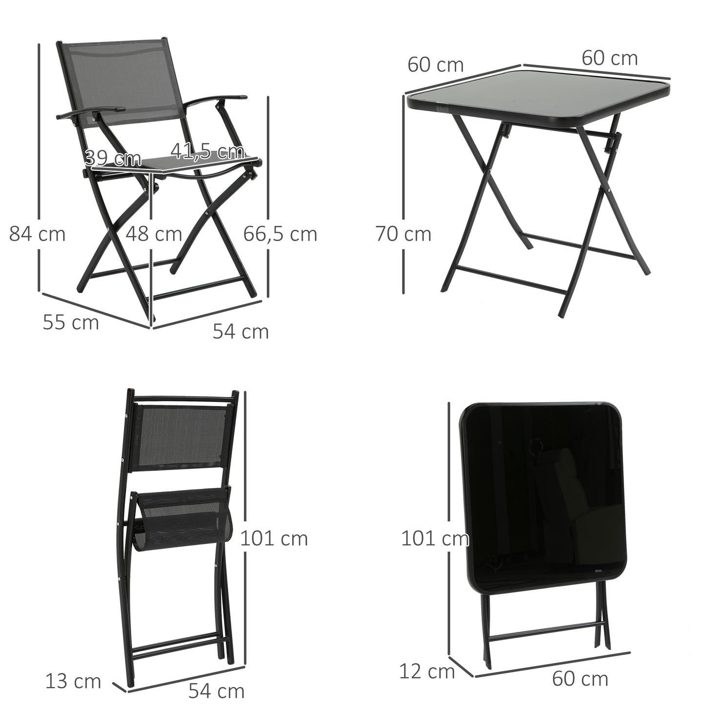 Folding balcony set with table and 2 chairs, made of black and grey metal mesh, suitable for gardens and terraces