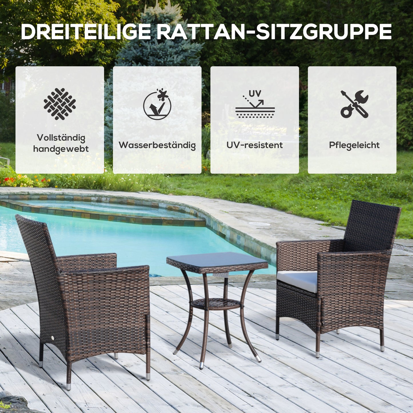 Balcony furniture set, foldable rattan set with seat cushions, brown, 60 x 58.5 x 89.5 cm, for garden and balcony