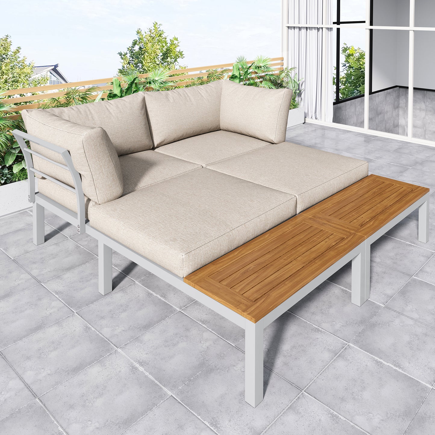Garden lounge chair set, galvanized steel frame (2 double seats, 2 side tables, 1 table), acacia top, fabric back cover