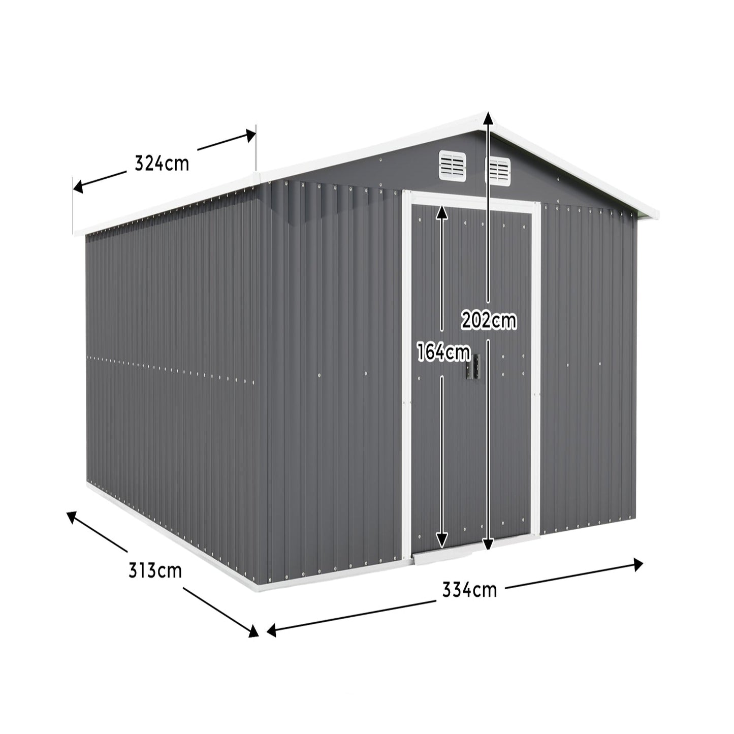 Gray Large Metal Tool Shed with Sloping Roof and Lockable Door, 334x313x202cm for Garden, Terrace, Lawn, and Carport