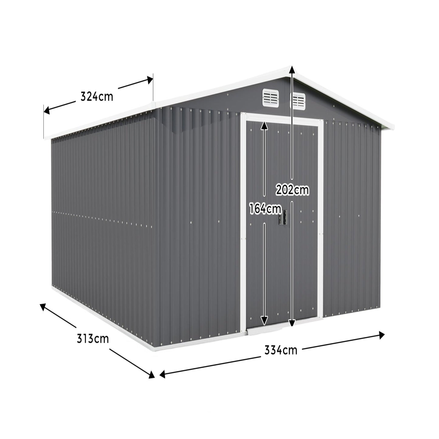 Gray Large Metal Tool Shed with Sloping Roof and Lockable Door, 334x313x202cm for Garden, Terrace, Lawn, and Carport