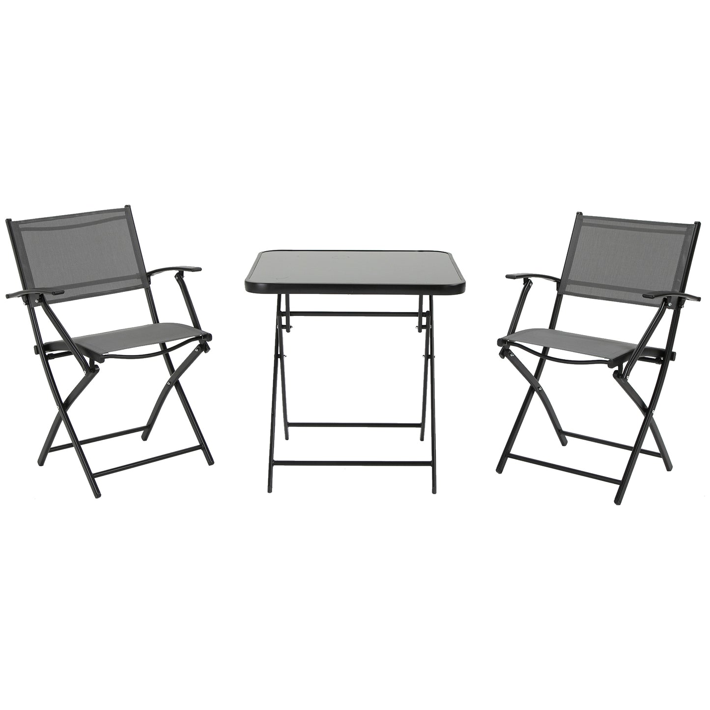 Folding balcony set with table and 2 chairs, made of black and grey metal mesh, suitable for gardens and terraces
