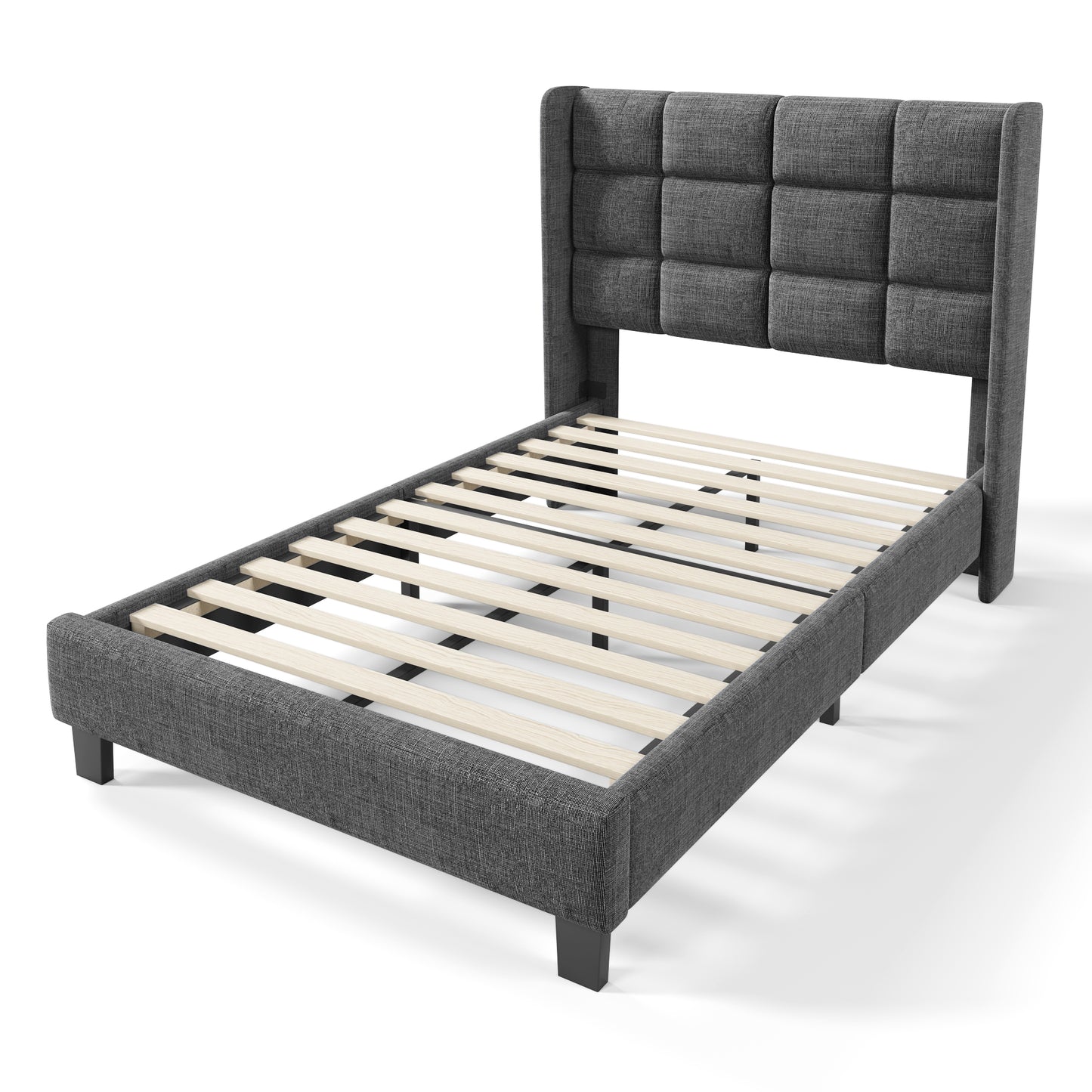 (Z)Modern Design Upholstered Bed - 90x200cm Grey Linen Single Bed with Headboard, Mattress Not Included