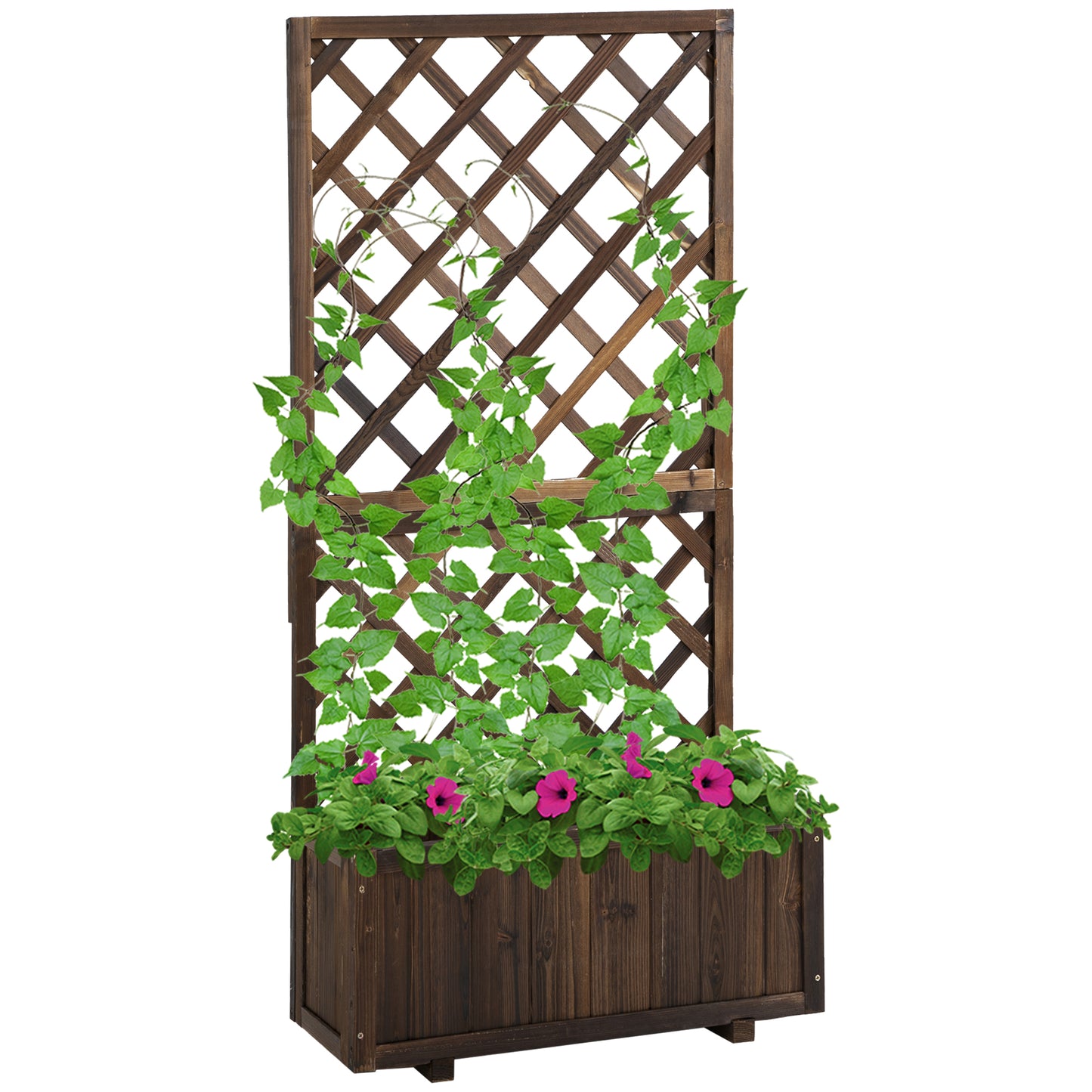 The raised bed comes with a wooden trellis flower box and measures 72.5x31.5x149.5 cm, perfect for climbing plants and roses in the garden