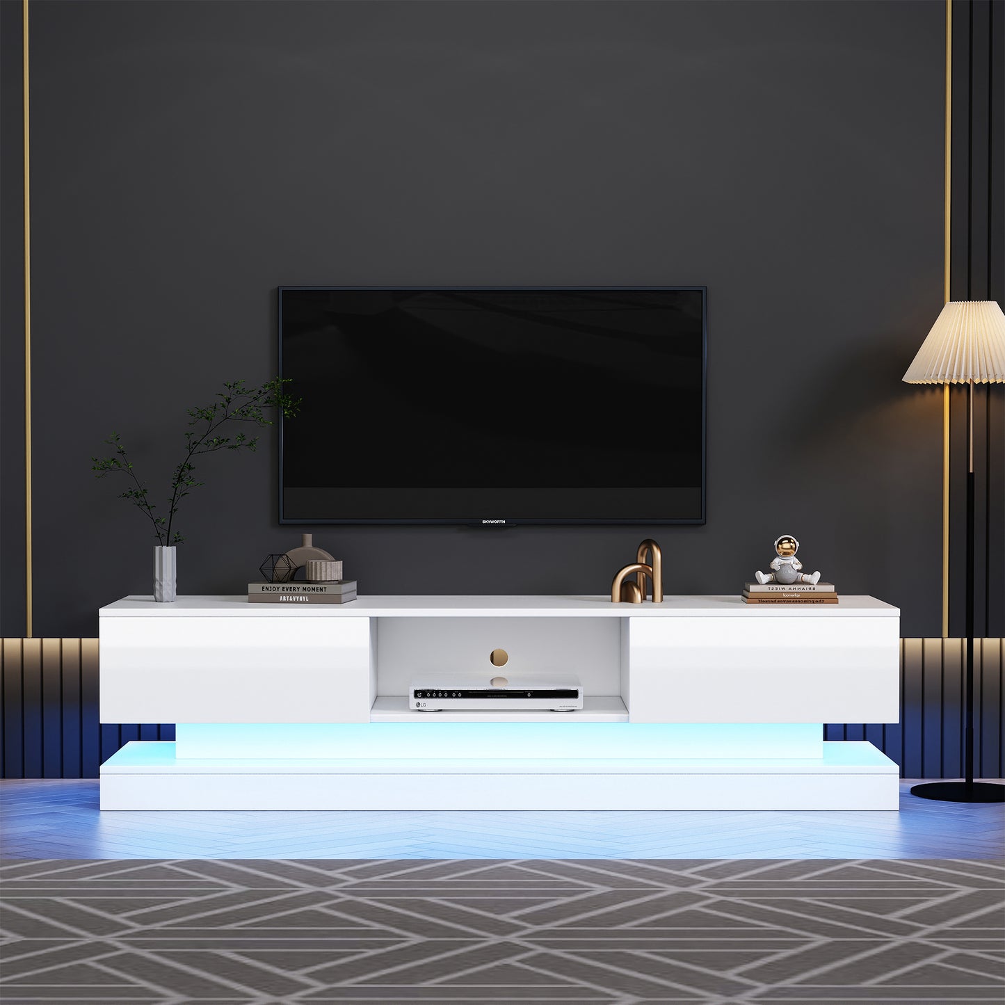 160cm High Gloss TV Cabinet with LED Lighting and 2 Drawers