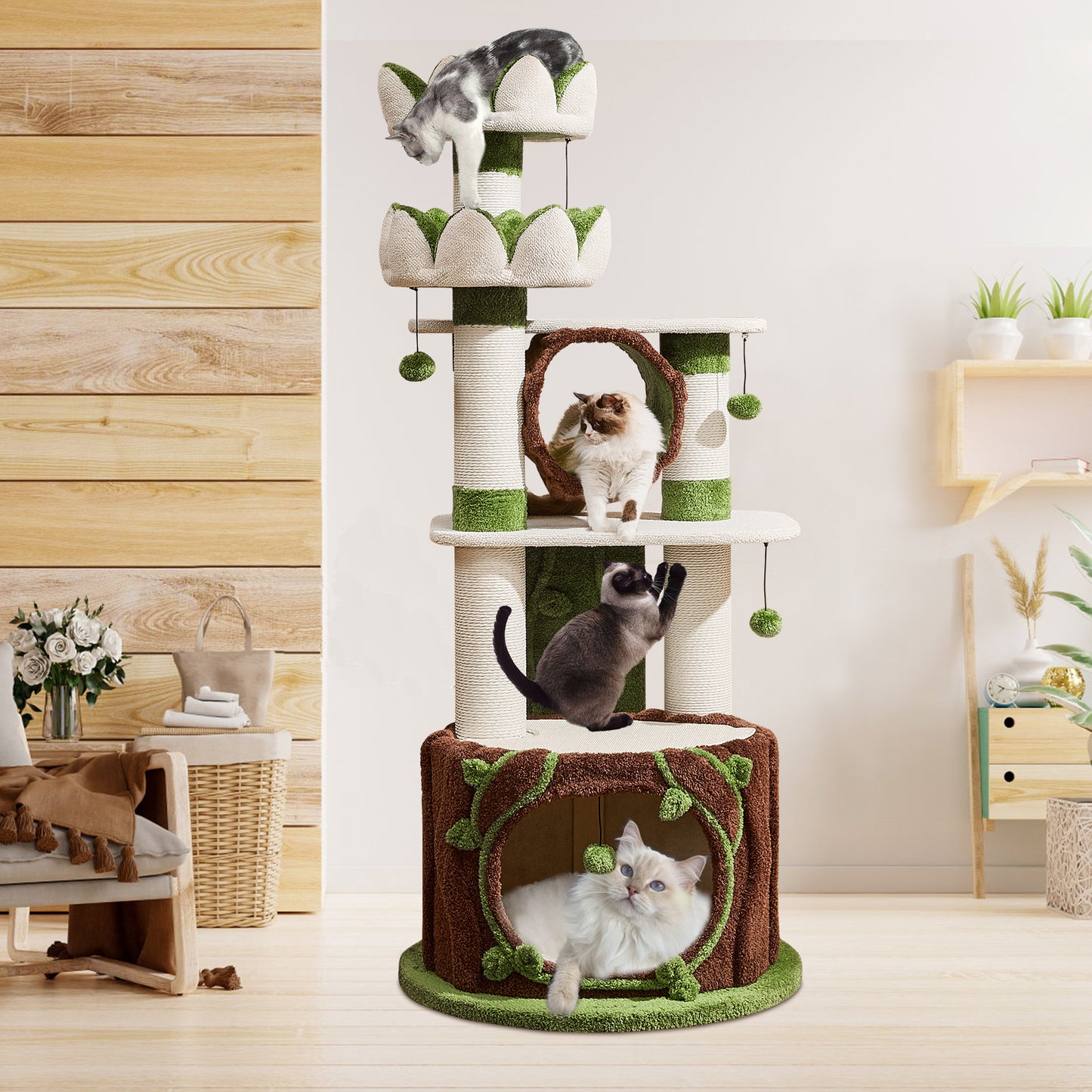 73" Deluxe Lotus Cat Tree for Indoor Adult Cats up to 20 lbs, XXL Heavy Duty Base Cat Furniture with Large Apartment, Bed, Tunnel, Scratching Post, Large Platform