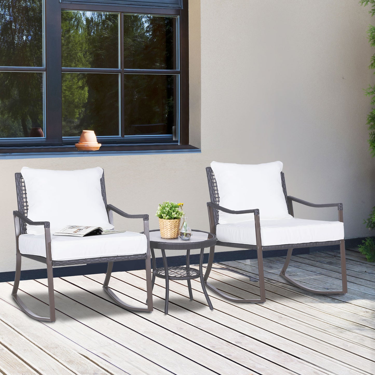 Garden set, for 2 people, rocking chair set with cushions, rattan, brown + white