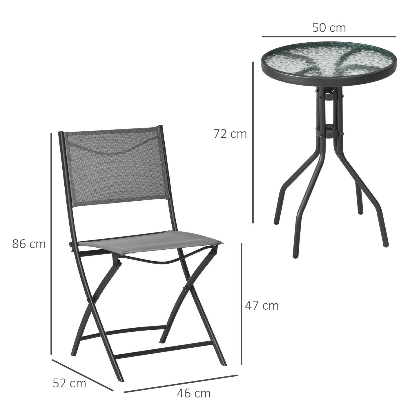 Garden furniture set for 2 people, with 1 table and 2 folding chairs, garden furniture made of grey steel
