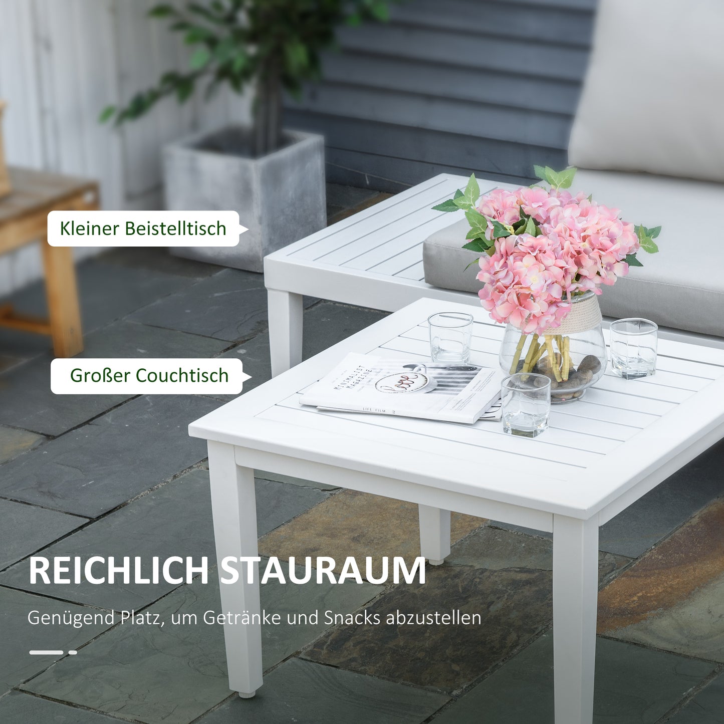Three-piece L-shaped garden furniture set with side table and cushions, cream white aluminium, for balconies and terraces