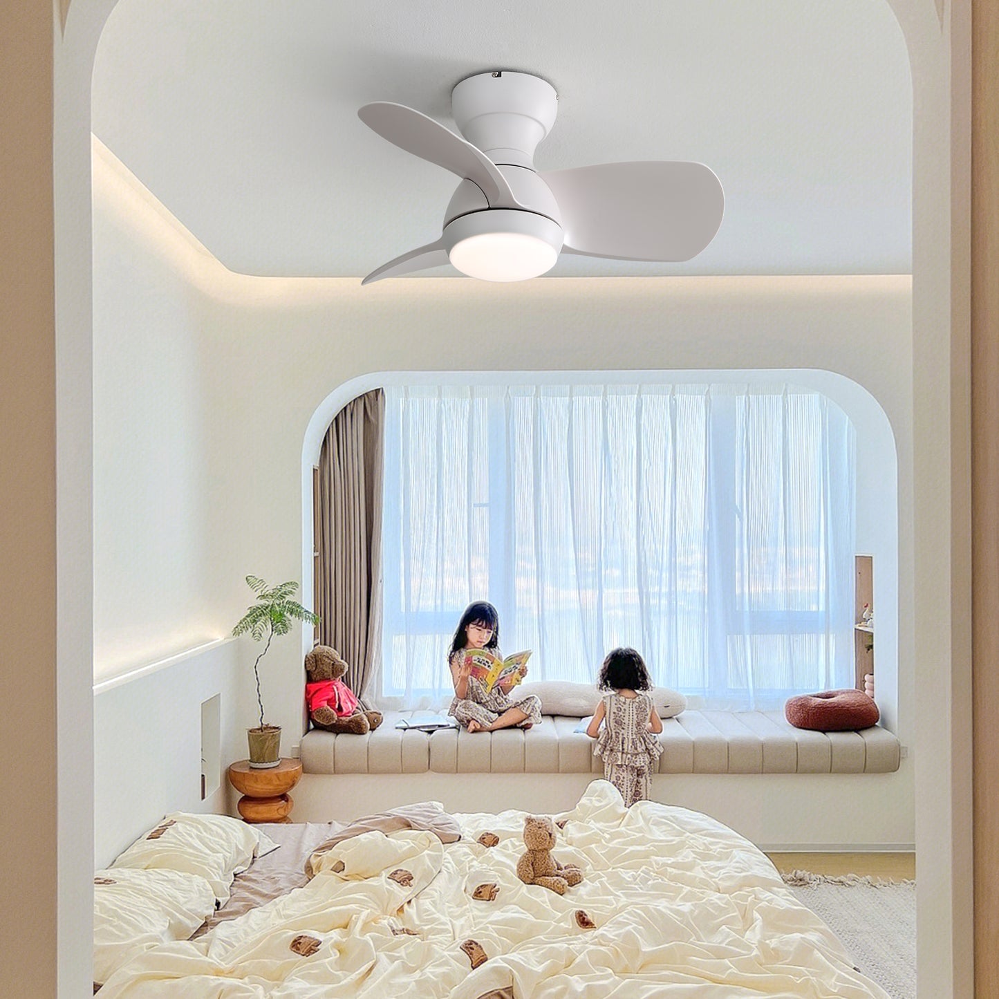 23-Inch Mini LED Ceiling Fan with 3-Color Dimmable Light, 3 ABS Blades, DC Motor, Remote Control for Bedroom