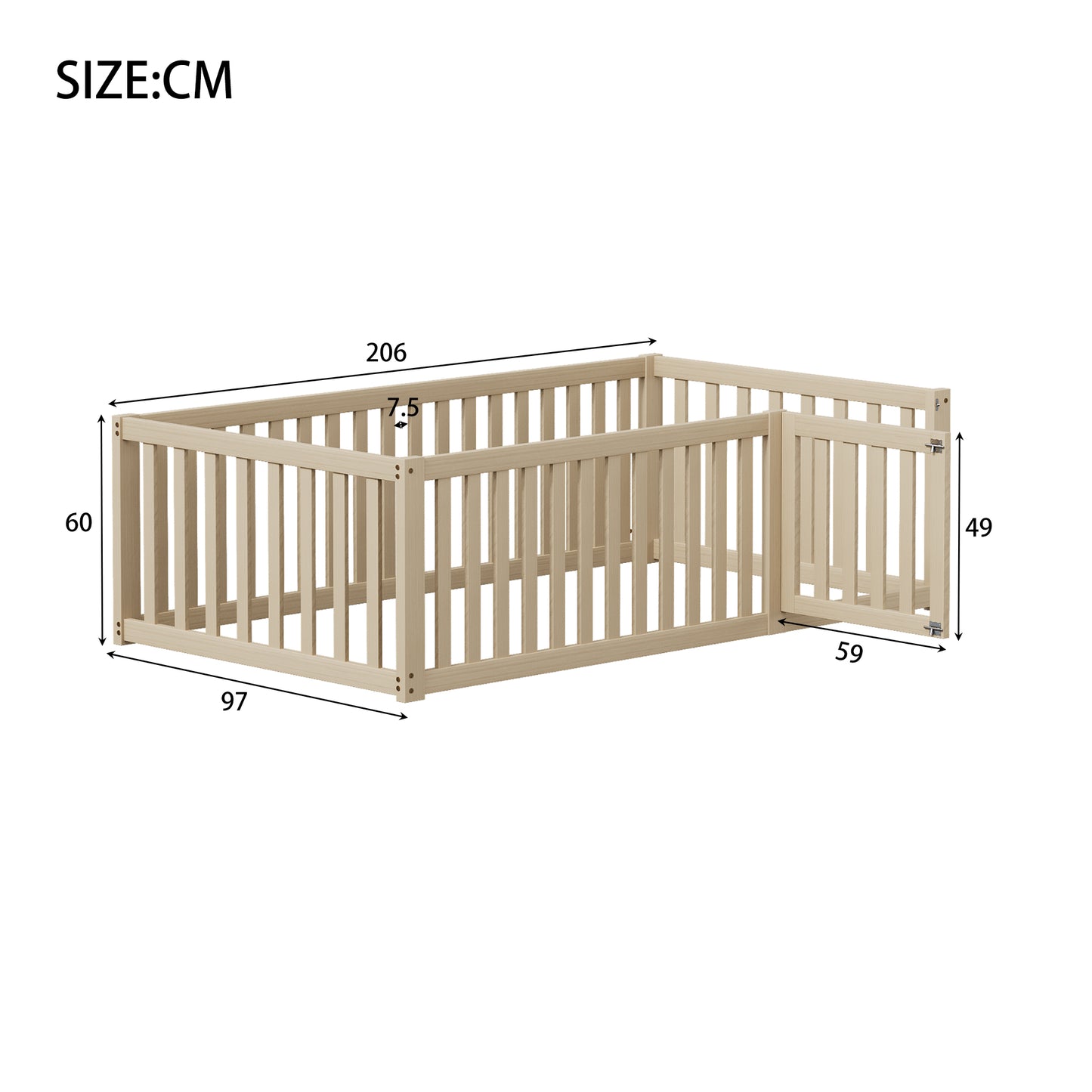Children's Wooden Floor Bed Frame with Fence and Door - 90x200 cm