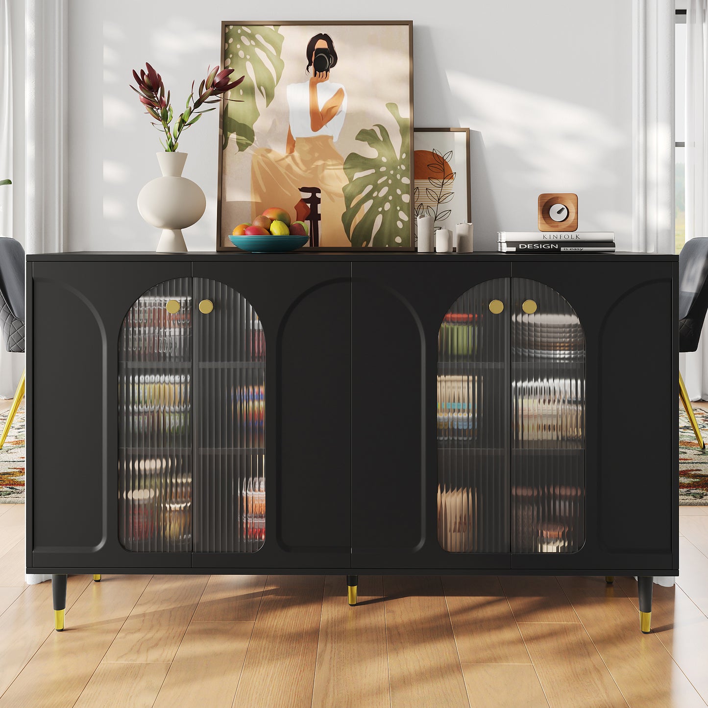 Modern and Simple Black Sideboard with Changhong Glass Door (140 x 40 x 85 cm)