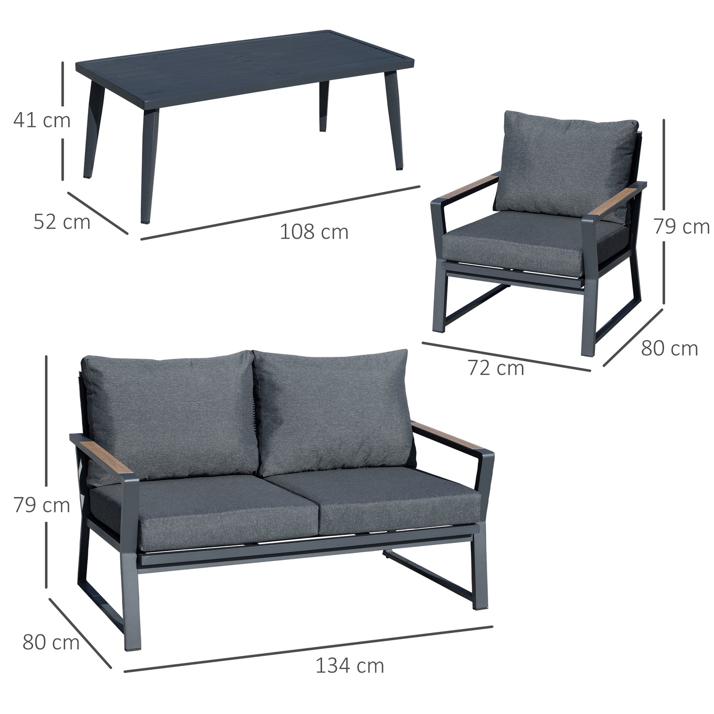 Garden furniture set for 4 people, sofa with armchair and side table, poly rattan and aluminum, grey, weatherproof and modern